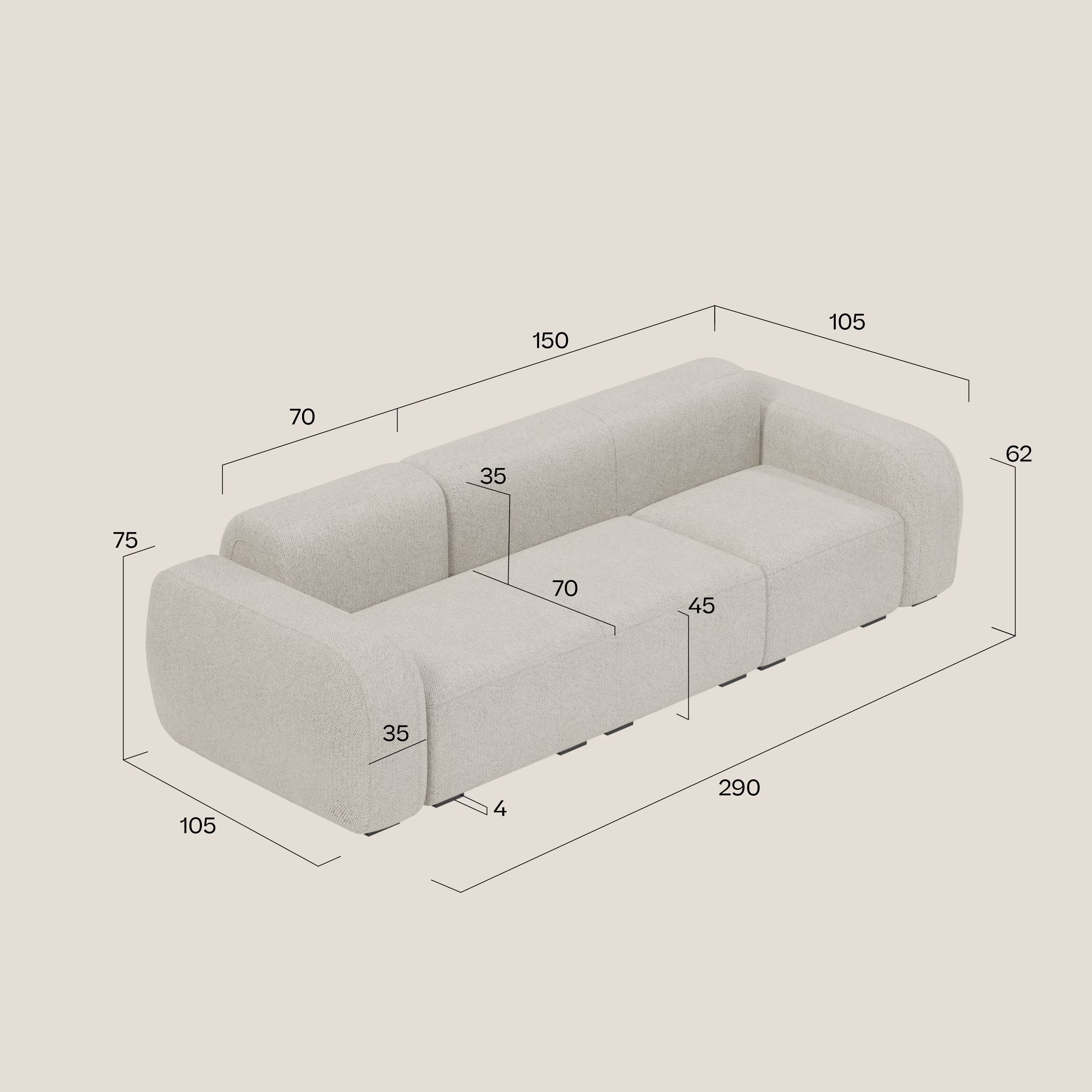 BonBon Modulares Sofa – Lineare Komposition aus abwaschbarem Stoff T23 sonnengelb