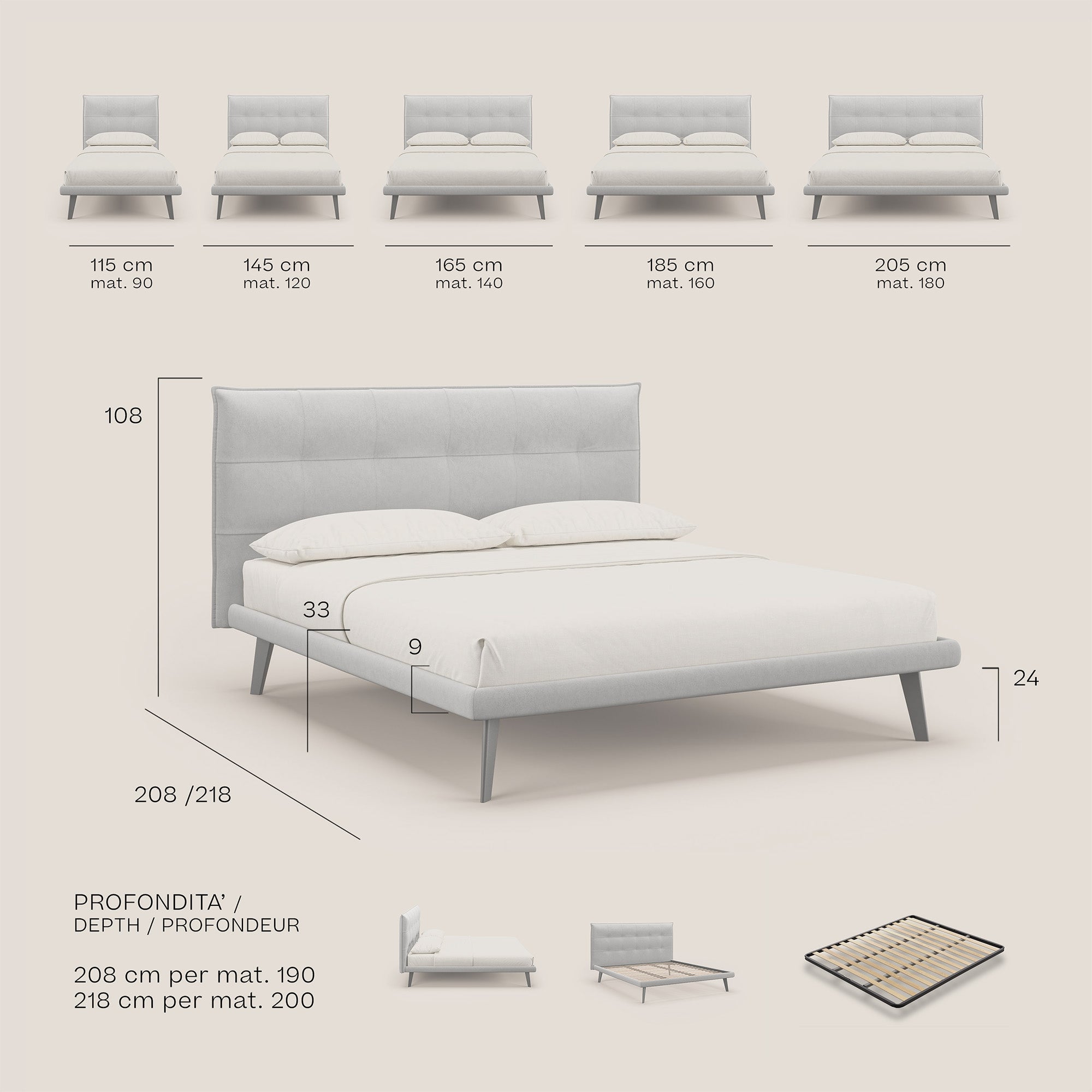 Brigitte letto con testata trapuntata piedi alti in mogano e tessuto impermeabile T09 giallo - divani.store