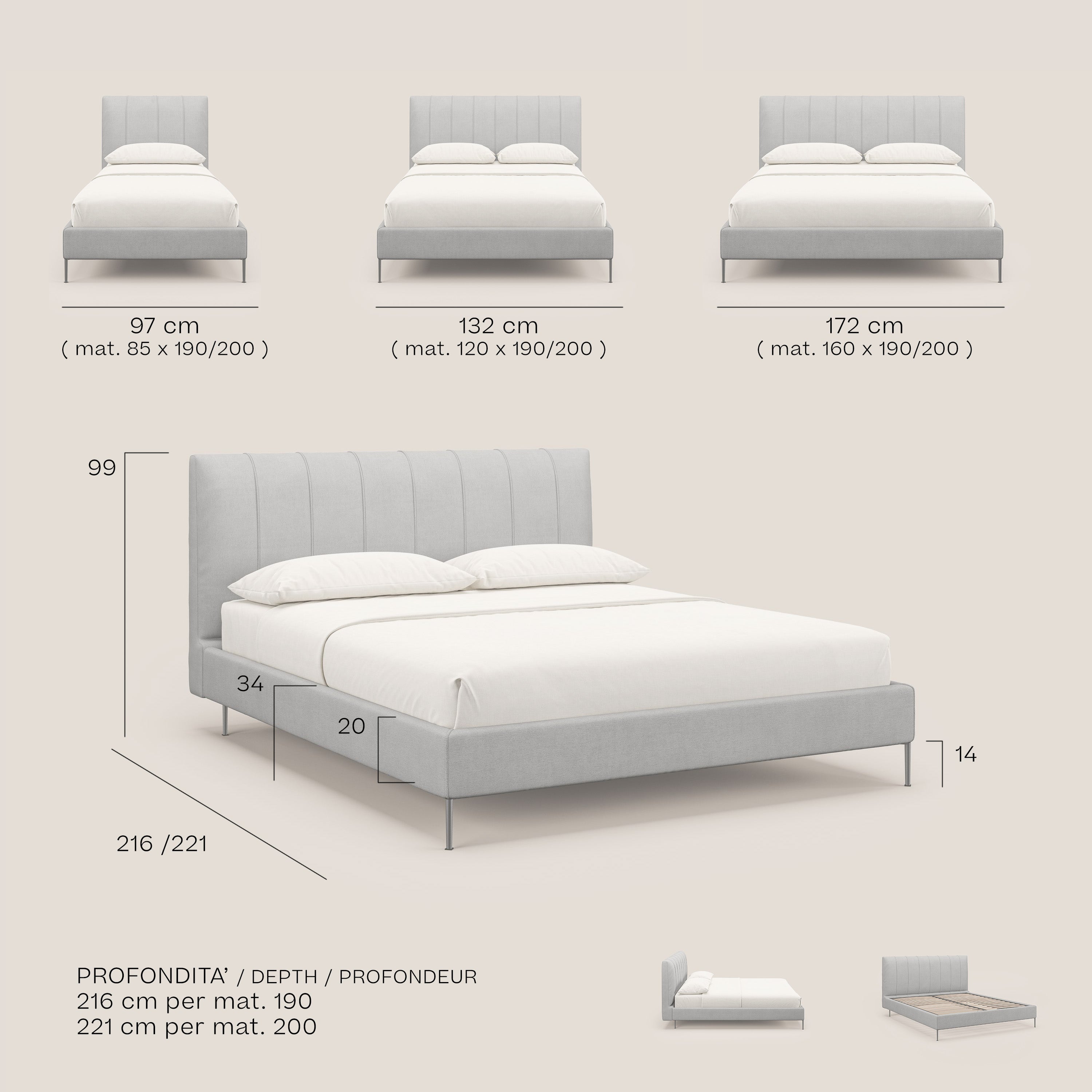 Calliope letto imbottito piedini alti completamente sfoderabile in tessuto smacchiabile T17 beige - divani.store