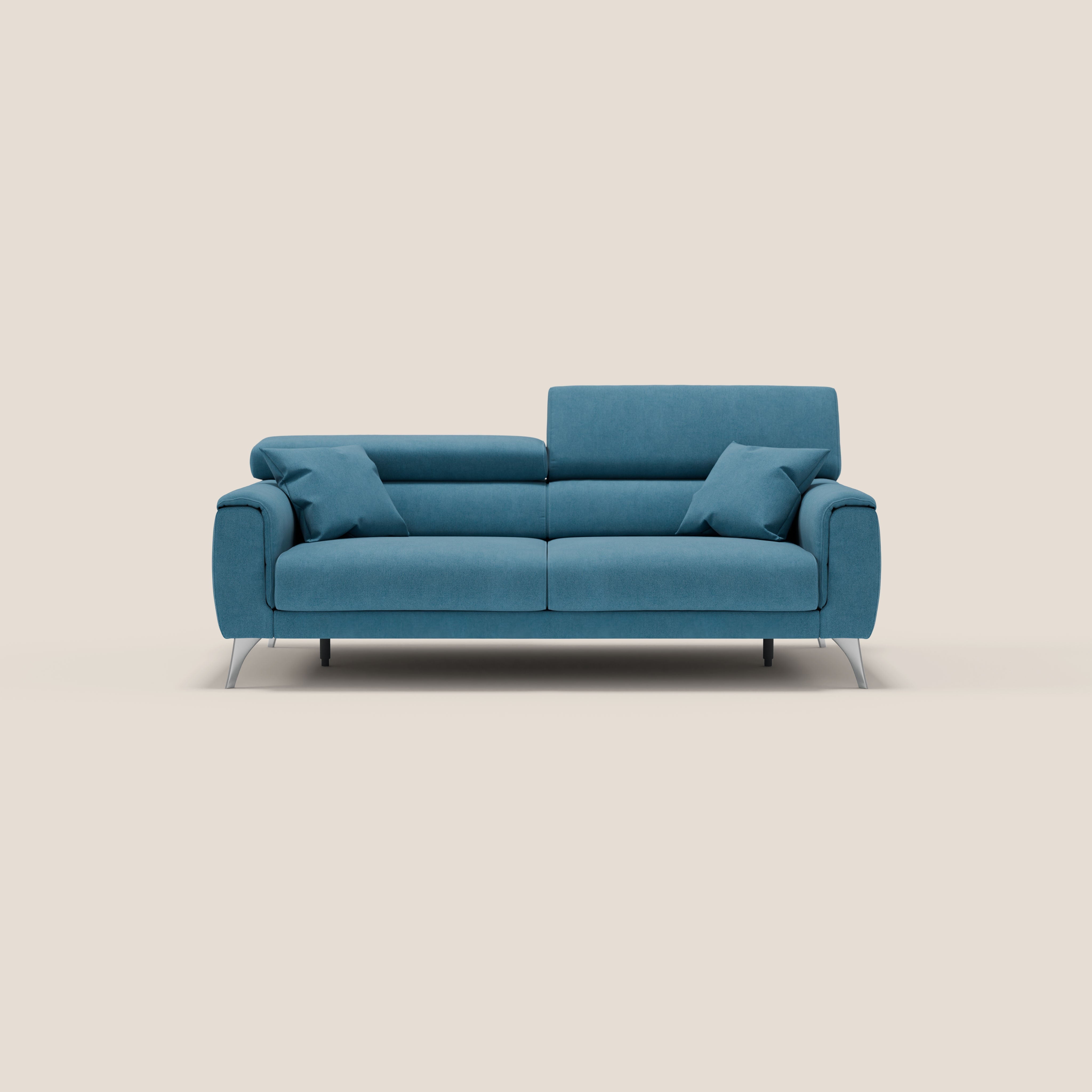 Caravaggio divano con sedute allungabili e poggiatesta reclinabili in tessuto impermeabile T02 azzurro - divani.store