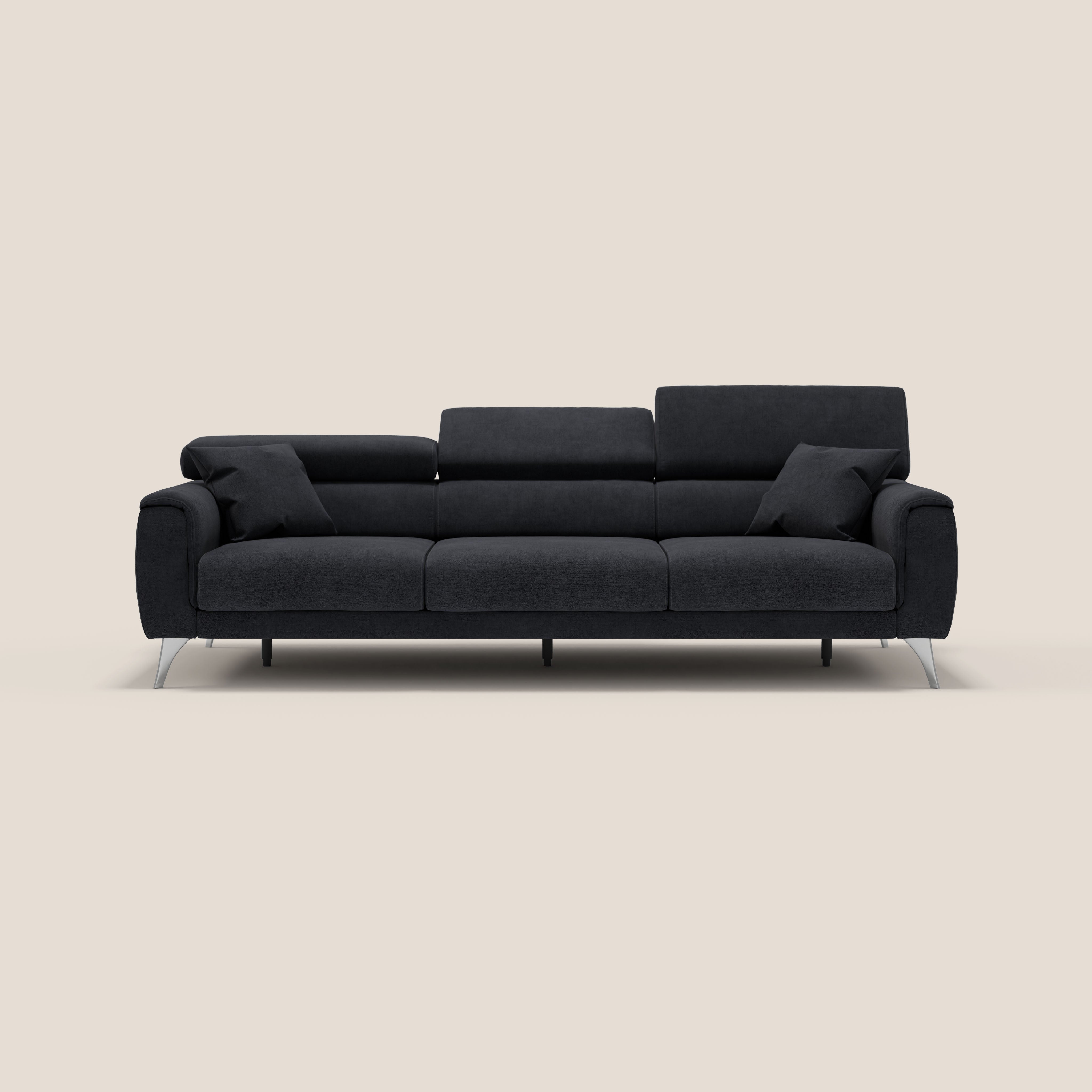 Caravaggio divano con 3 sedute allungabili indipendenti e poggiatesta reclinabili in tessuto impermeabile T02 nero - divani.store