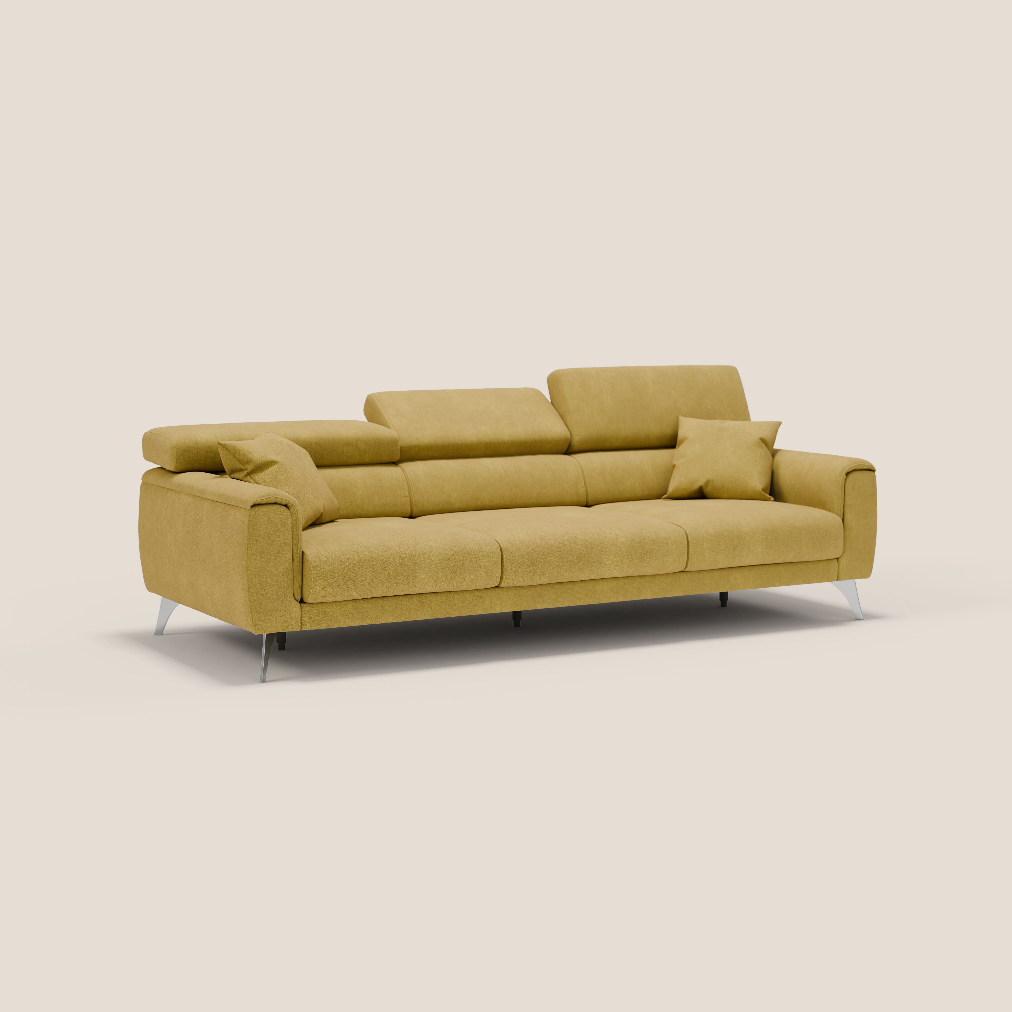 Caravaggio divano con 3 sedute allungabili indipendenti e poggiatesta reclinabili in tessuto impermeabile T02 giallo - divani.store