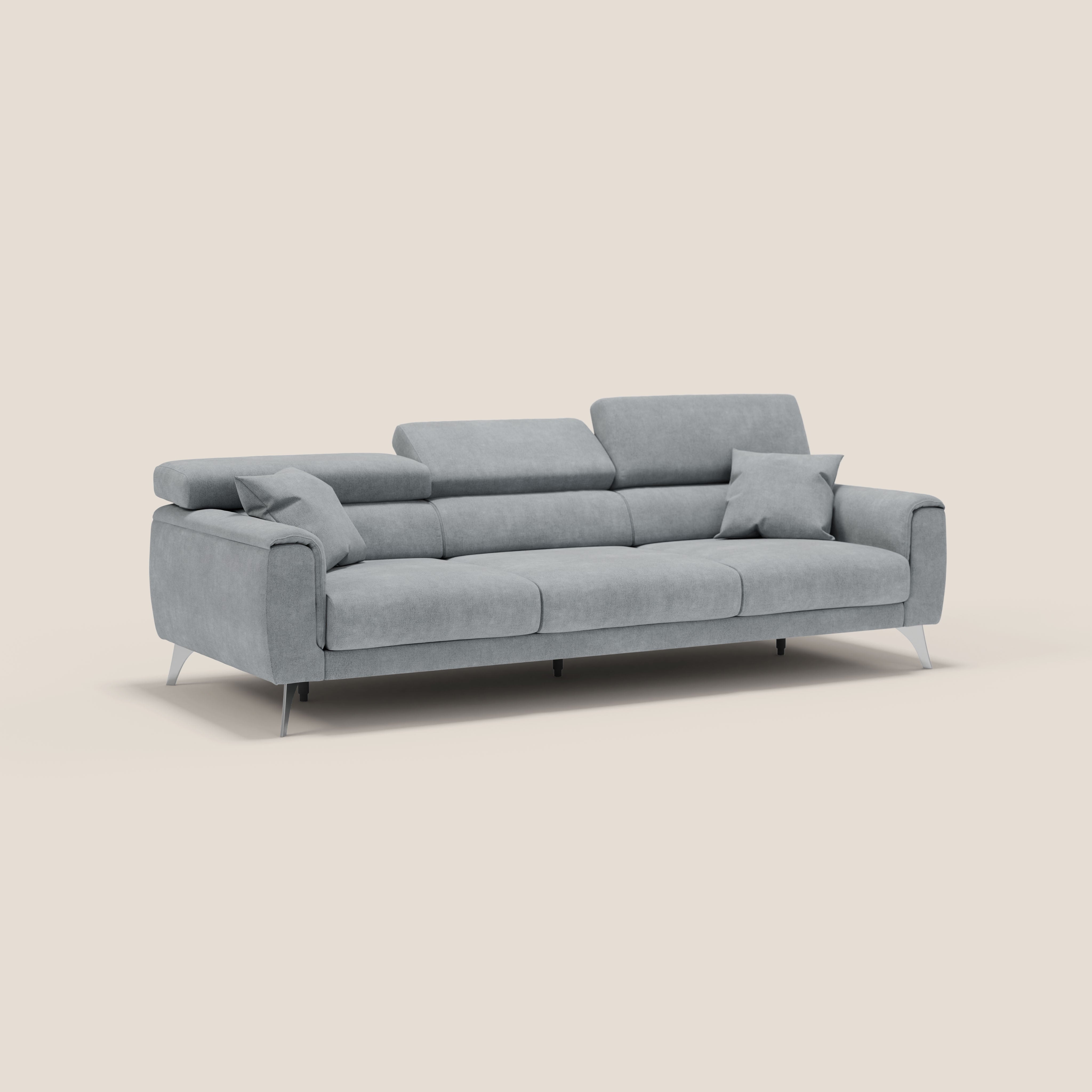 Caravaggio divano con 3 sedute allungabili indipendenti e poggiatesta reclinabili in tessuto impermeabile T02 grigio chiaro - divani.store