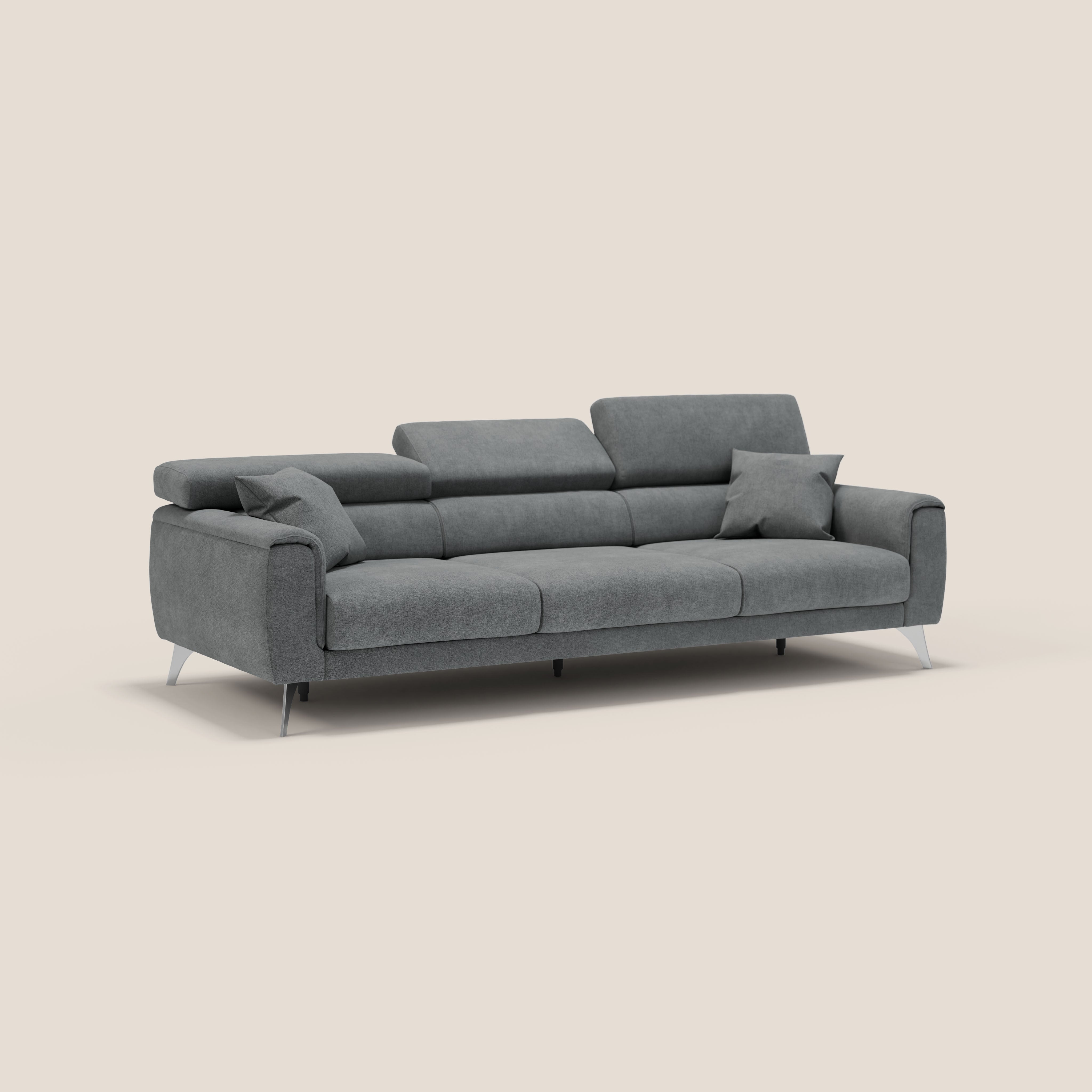 Caravaggio divano con 3 sedute allungabili indipendenti e poggiatesta reclinabili in tessuto impermeabile T02 grigio - divani.store