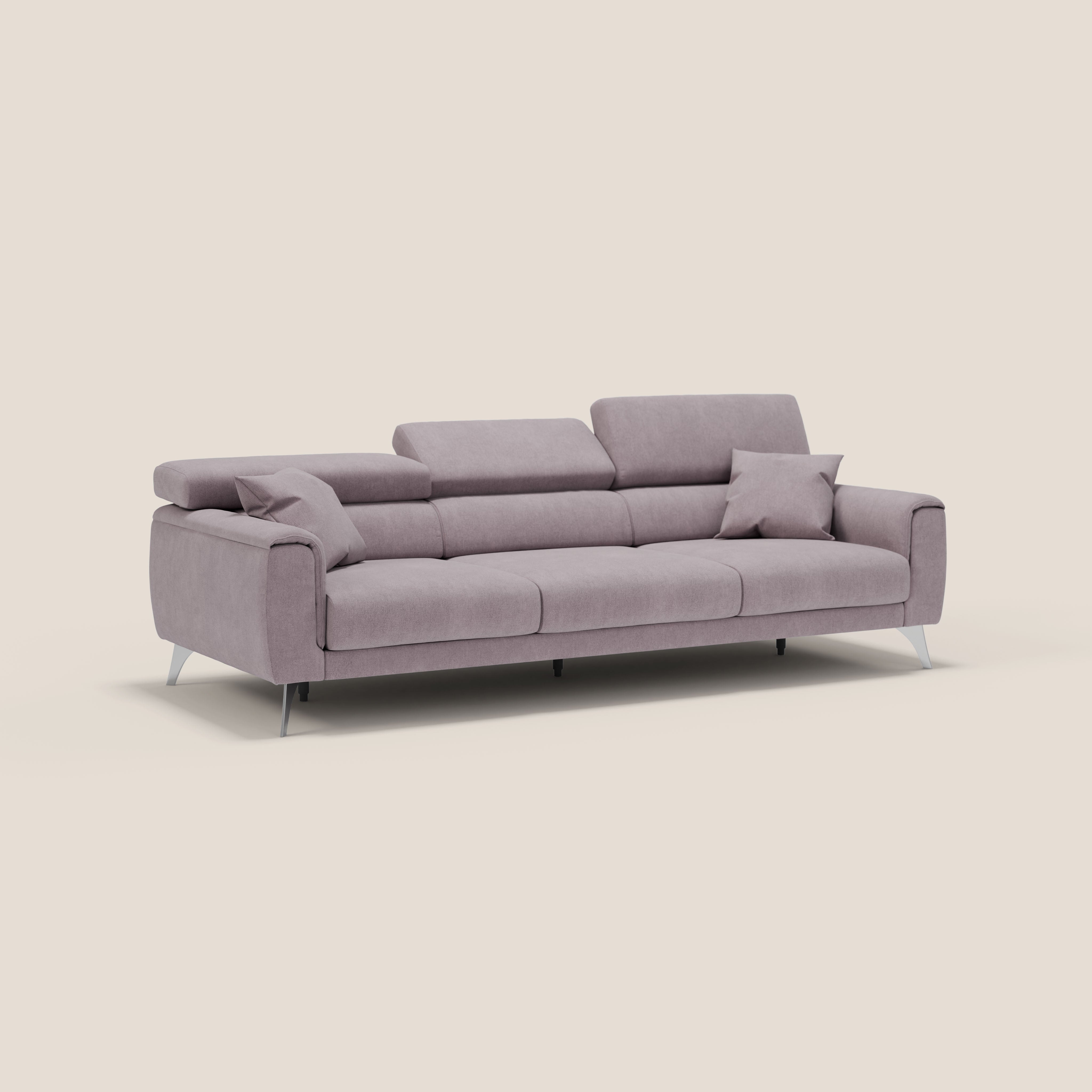 Caravaggio divano con 3 sedute allungabili indipendenti e poggiatesta reclinabili in tessuto impermeabile T02 rosa - divani.store