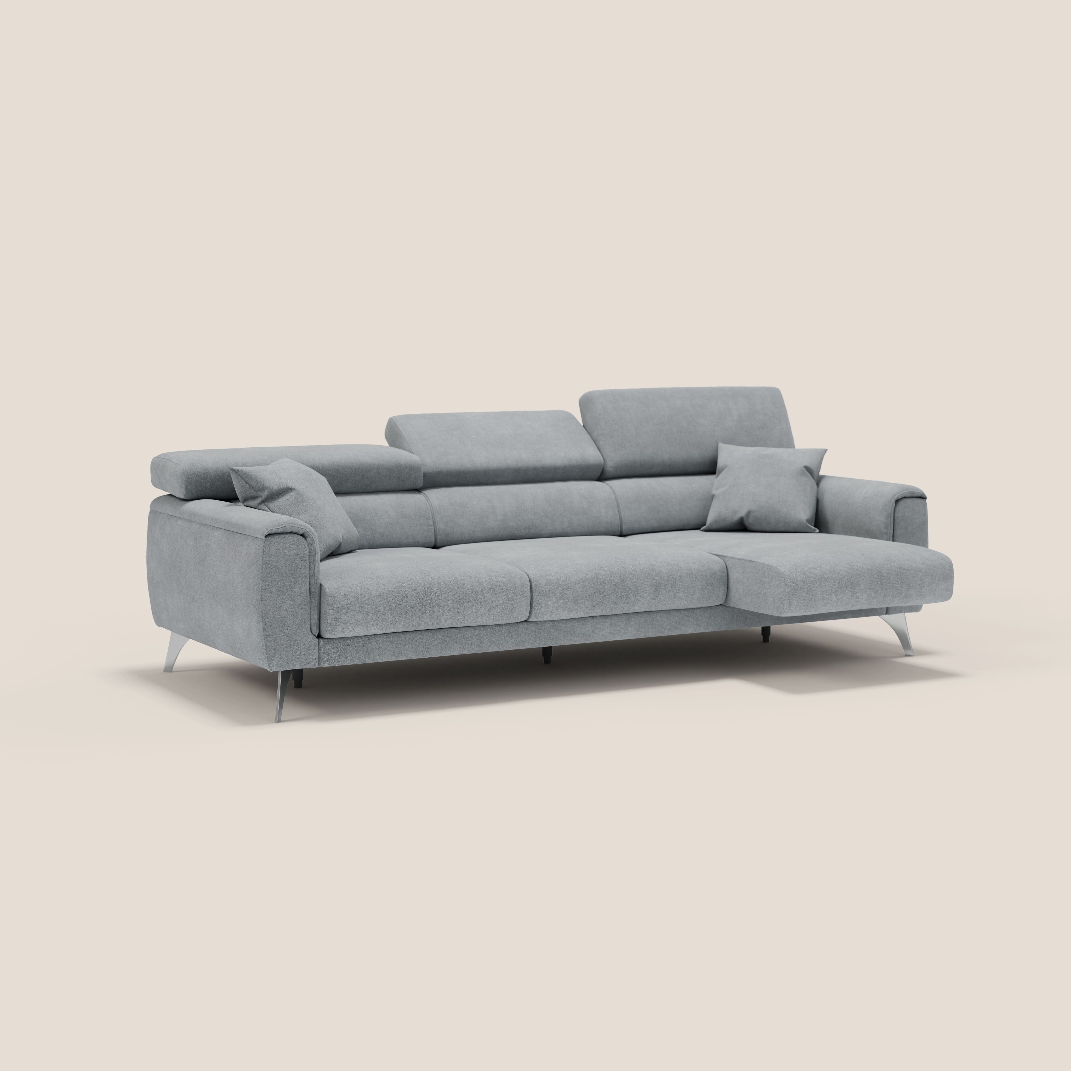 Caravaggio divano con 3 sedute allungabili indipendenti e poggiatesta reclinabili in tessuto impermeabile T02 grigio chiaro - divani.store