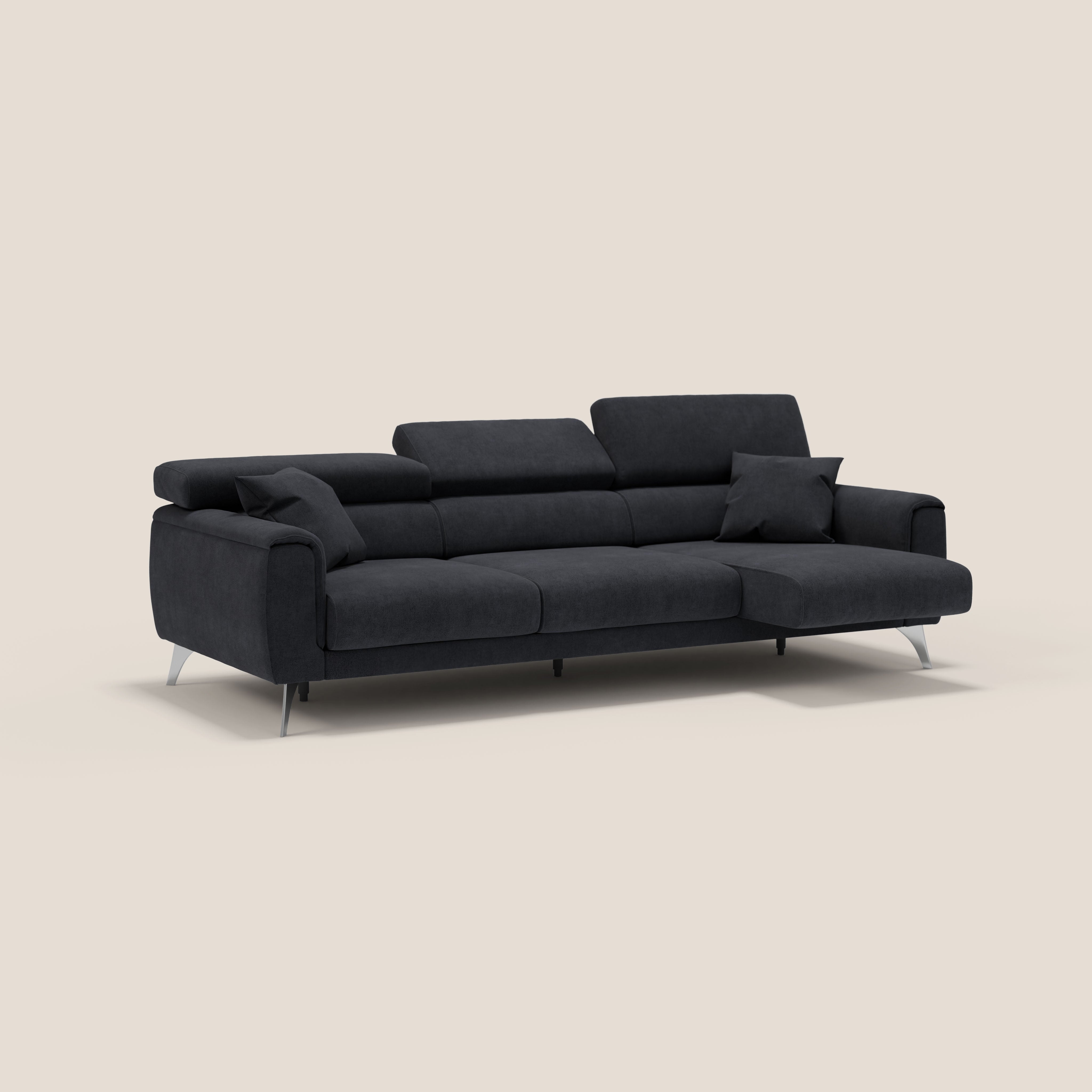 Caravaggio divano con 3 sedute allungabili indipendenti e poggiatesta reclinabili in tessuto impermeabile T02 nero - divani.store