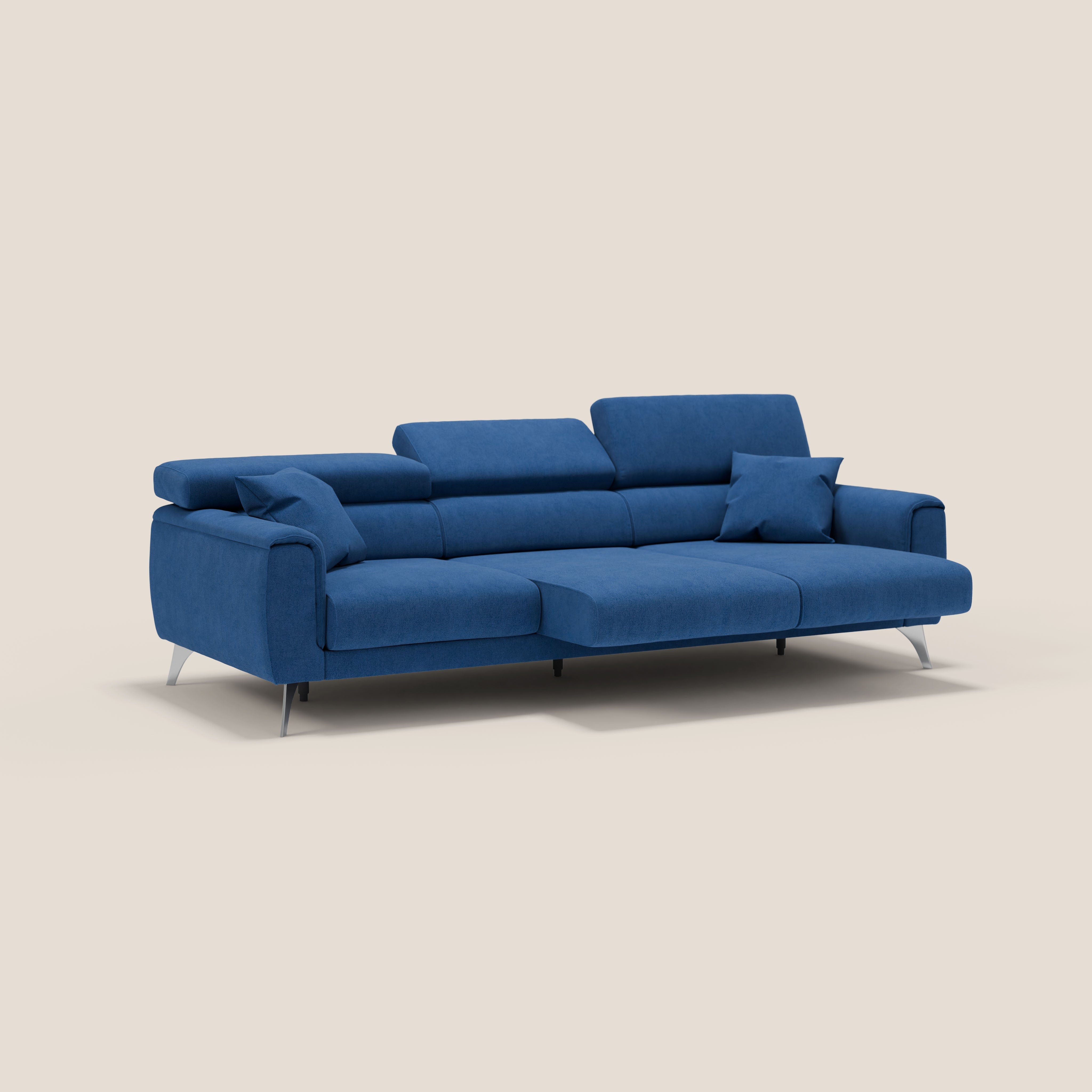 Caravaggio divano con 3 sedute allungabili indipendenti e poggiatesta reclinabili in tessuto impermeabile T02 blu - divani.store