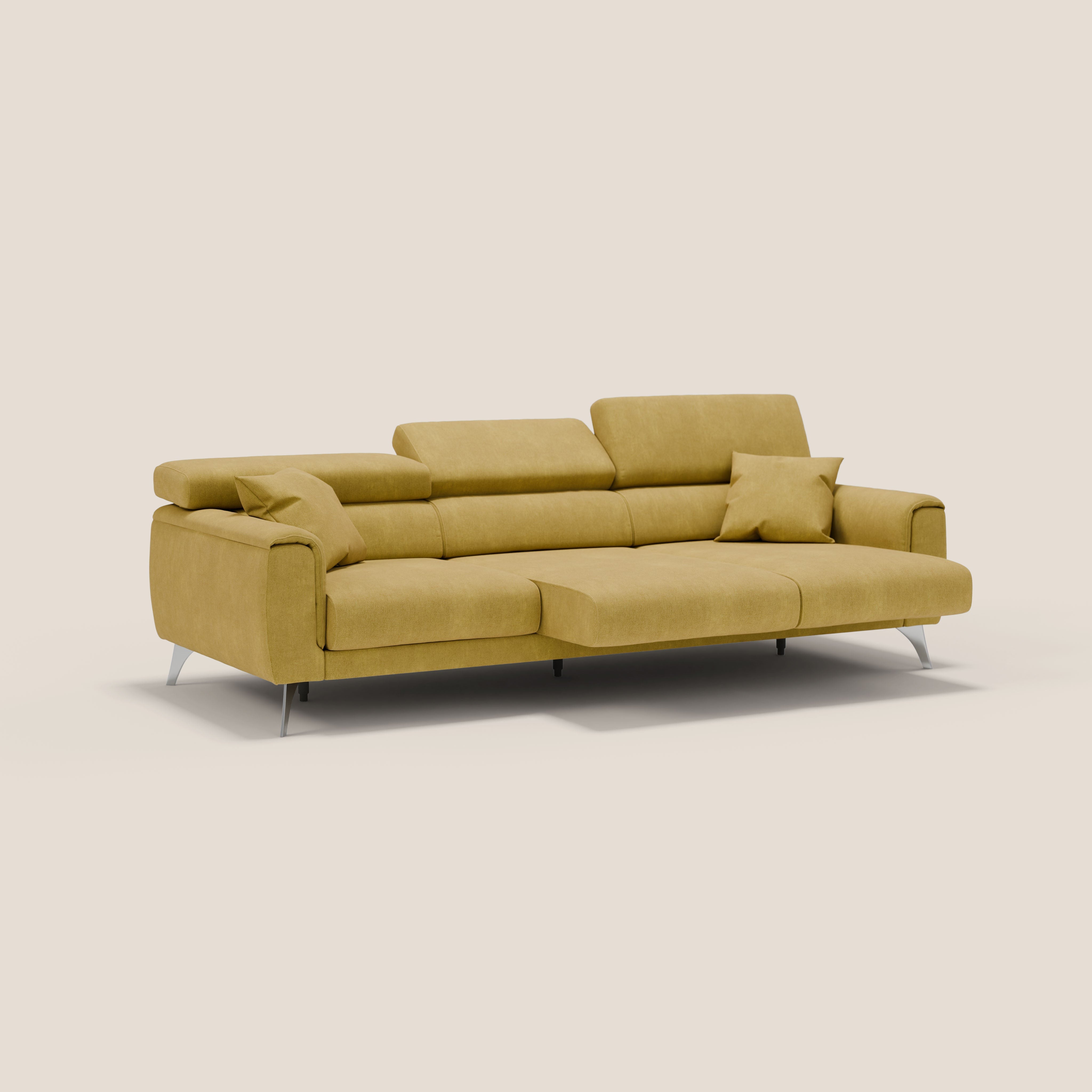 Caravaggio divano con 3 sedute allungabili indipendenti e poggiatesta reclinabili in tessuto impermeabile T02 giallo - divani.store
