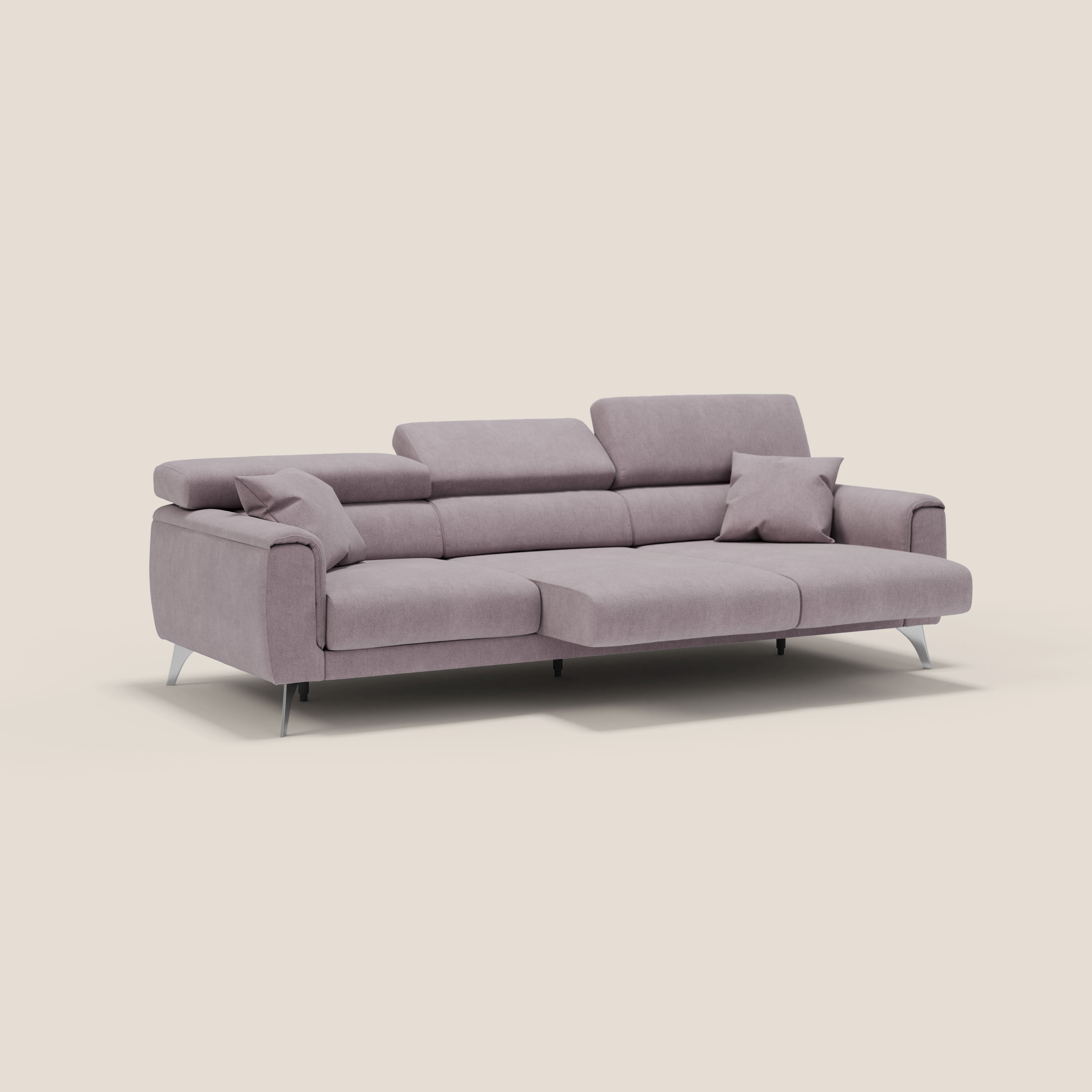 Caravaggio divano con 3 sedute allungabili indipendenti e poggiatesta reclinabili in tessuto impermeabile T02 rosa - divani.store