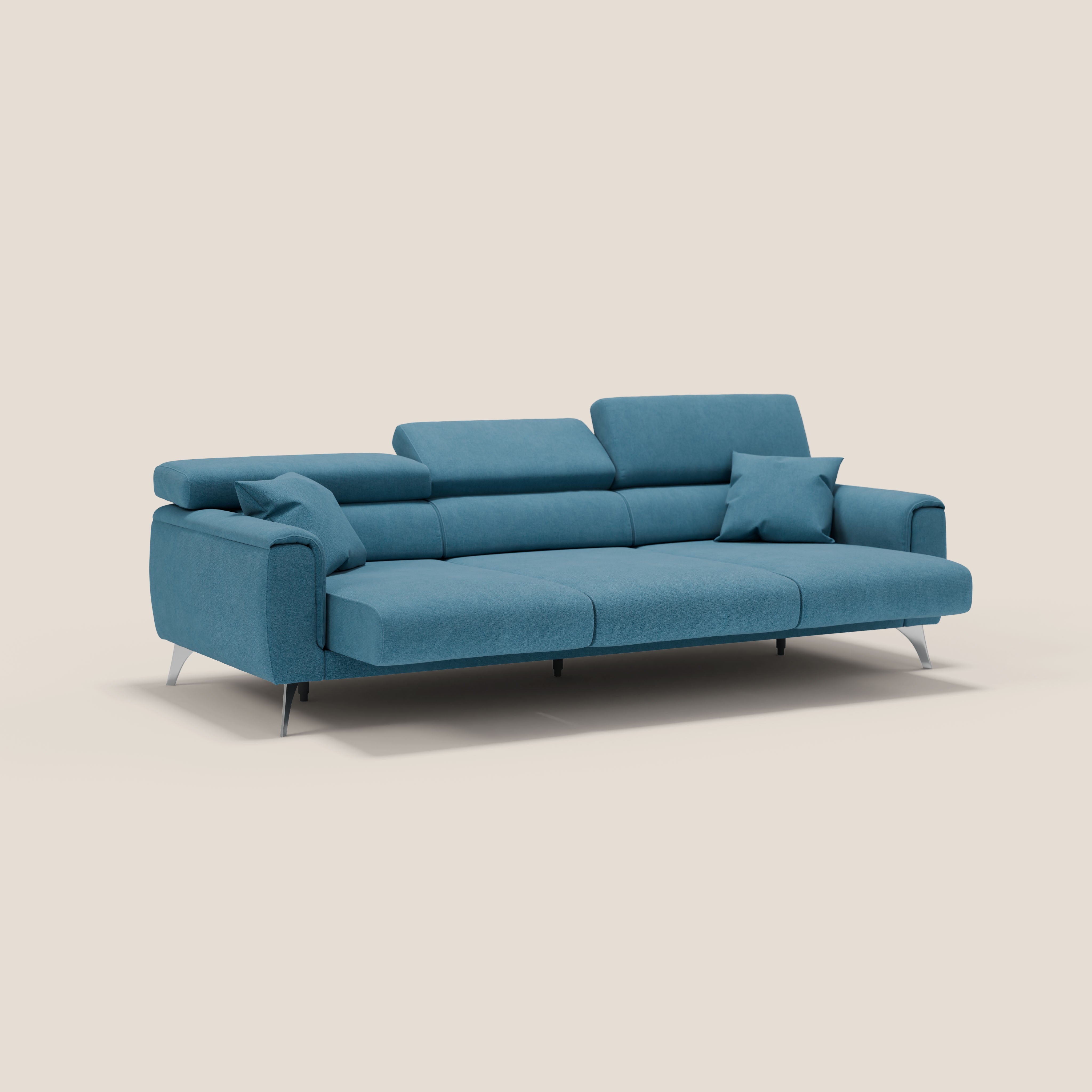 Caravaggio divano con 3 sedute allungabili indipendenti e poggiatesta reclinabili in tessuto impermeabile T02 azzurro - divani.store