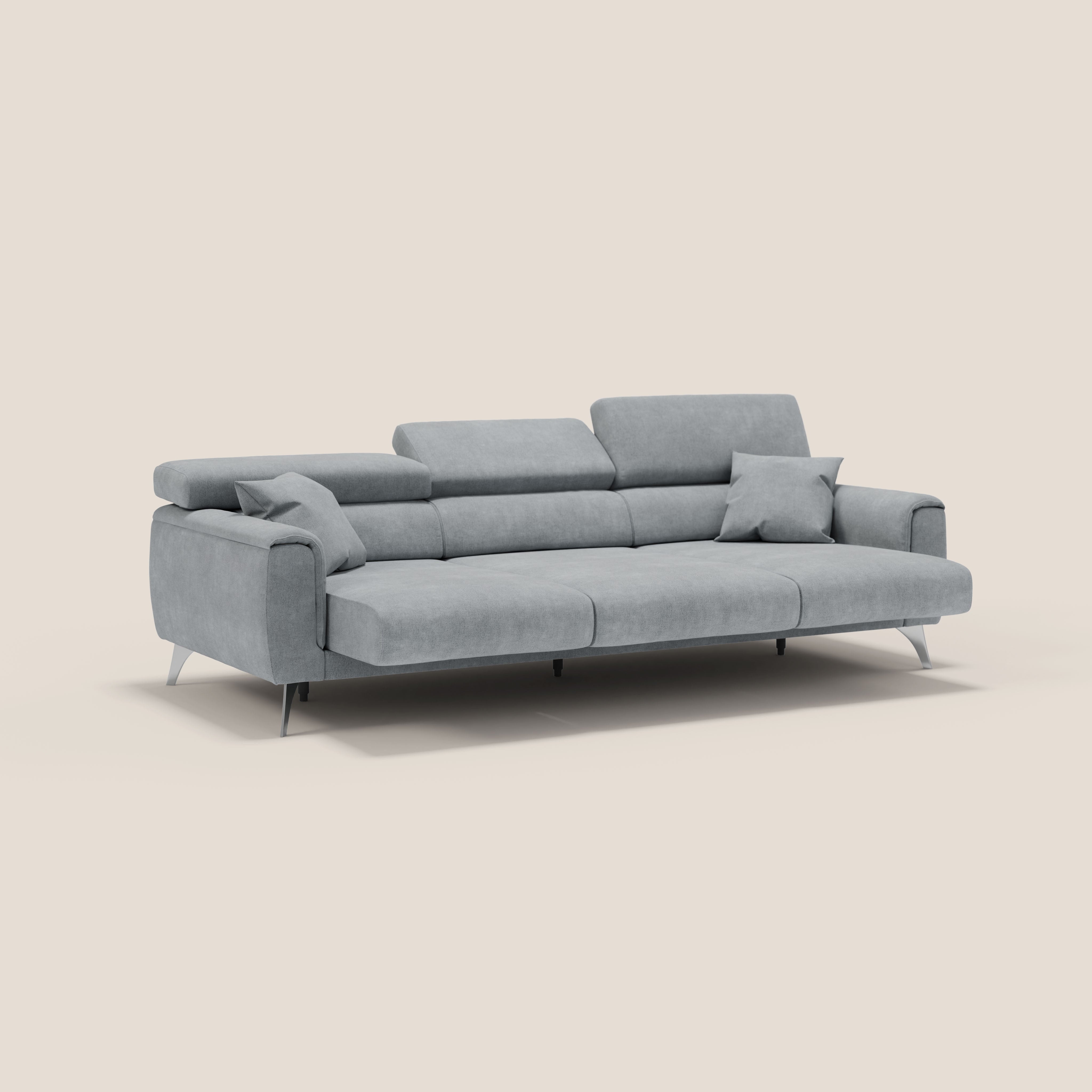 Caravaggio divano con 3 sedute allungabili indipendenti e poggiatesta reclinabili in tessuto impermeabile T02 grigio chiaro - divani.store