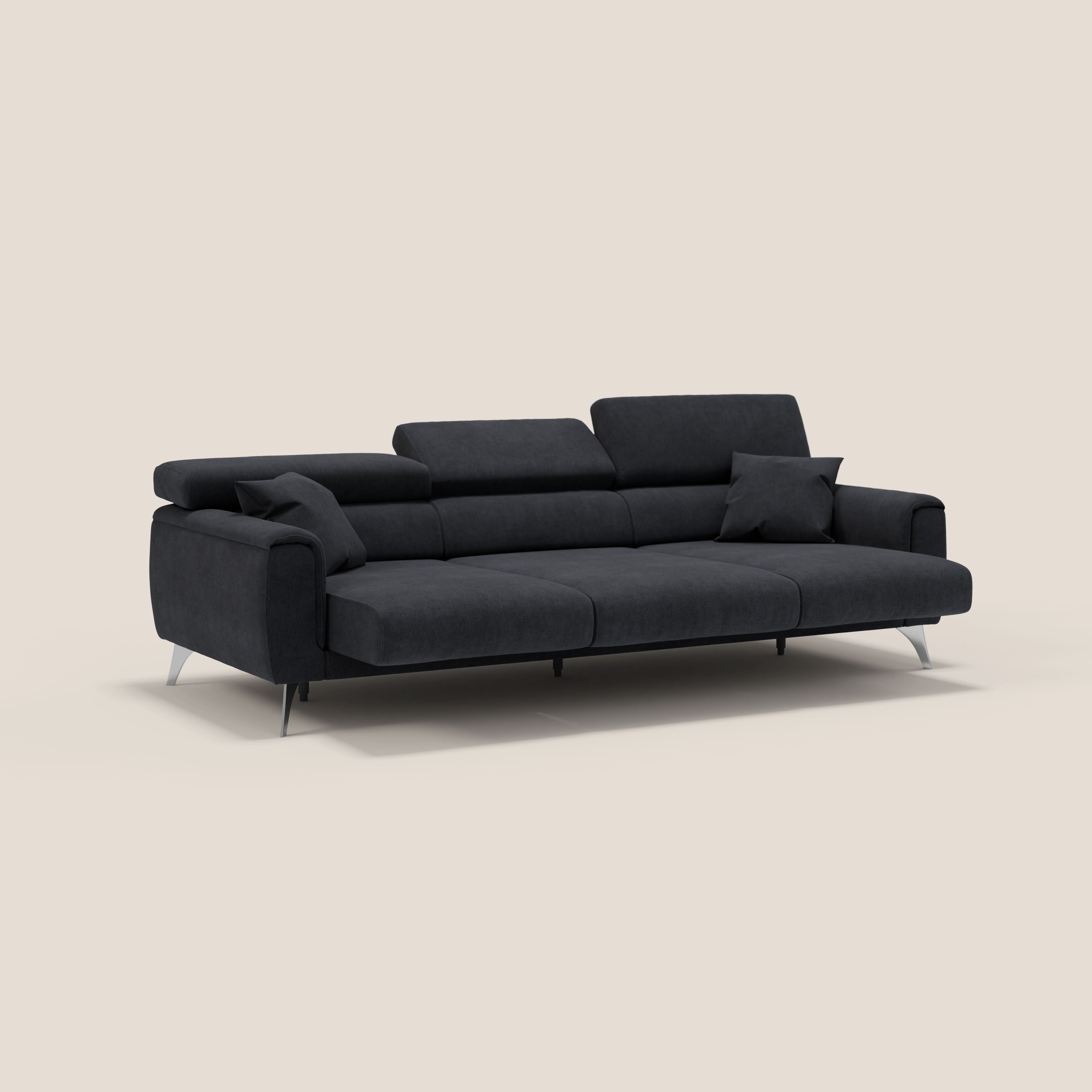 Caravaggio divano con 3 sedute allungabili indipendenti e poggiatesta reclinabili in tessuto impermeabile T02 nero - divani.store