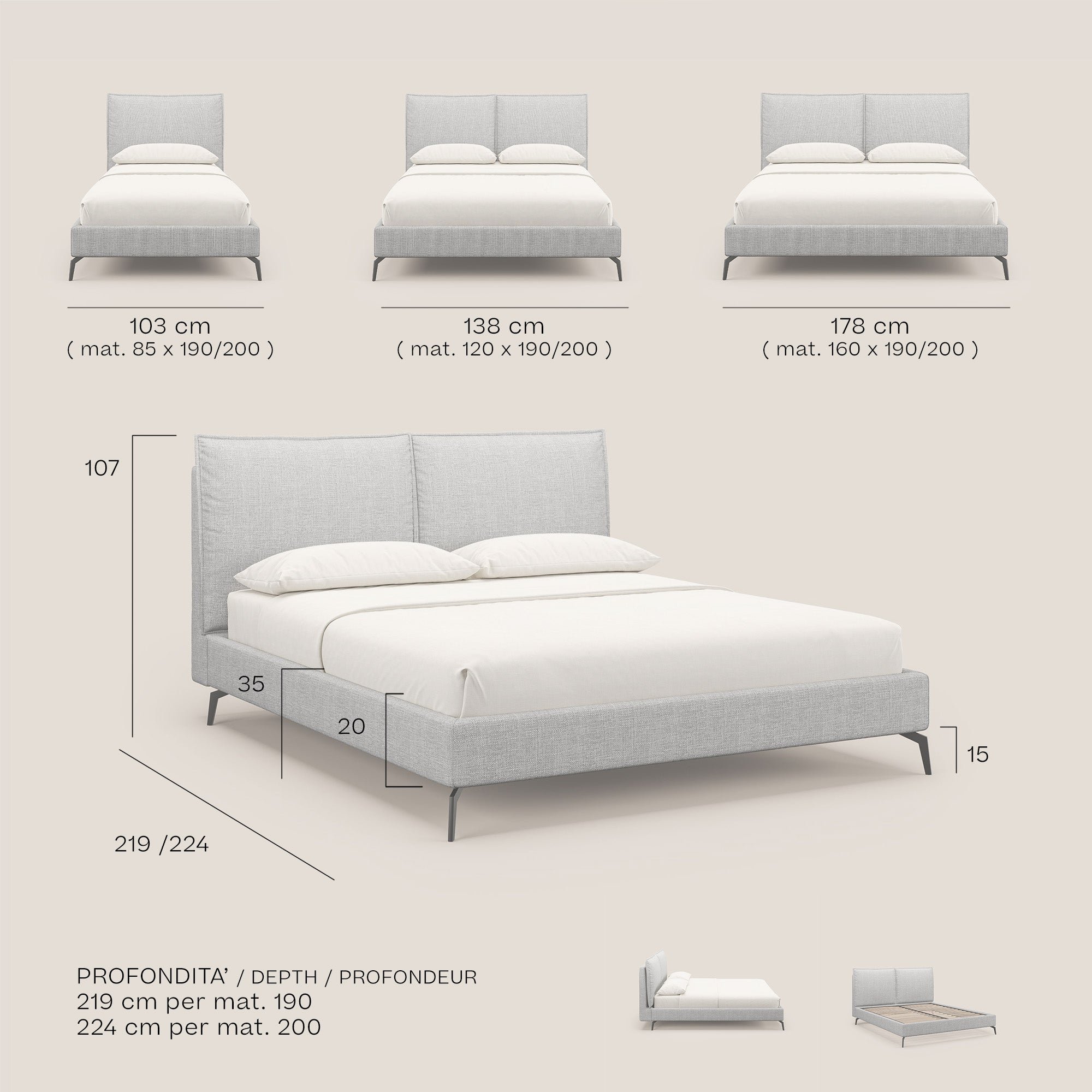 Cloe letto imbottito con piedi in metallo sfoderabile in tessuto fiammato impermeabile T06 blu - divani.store