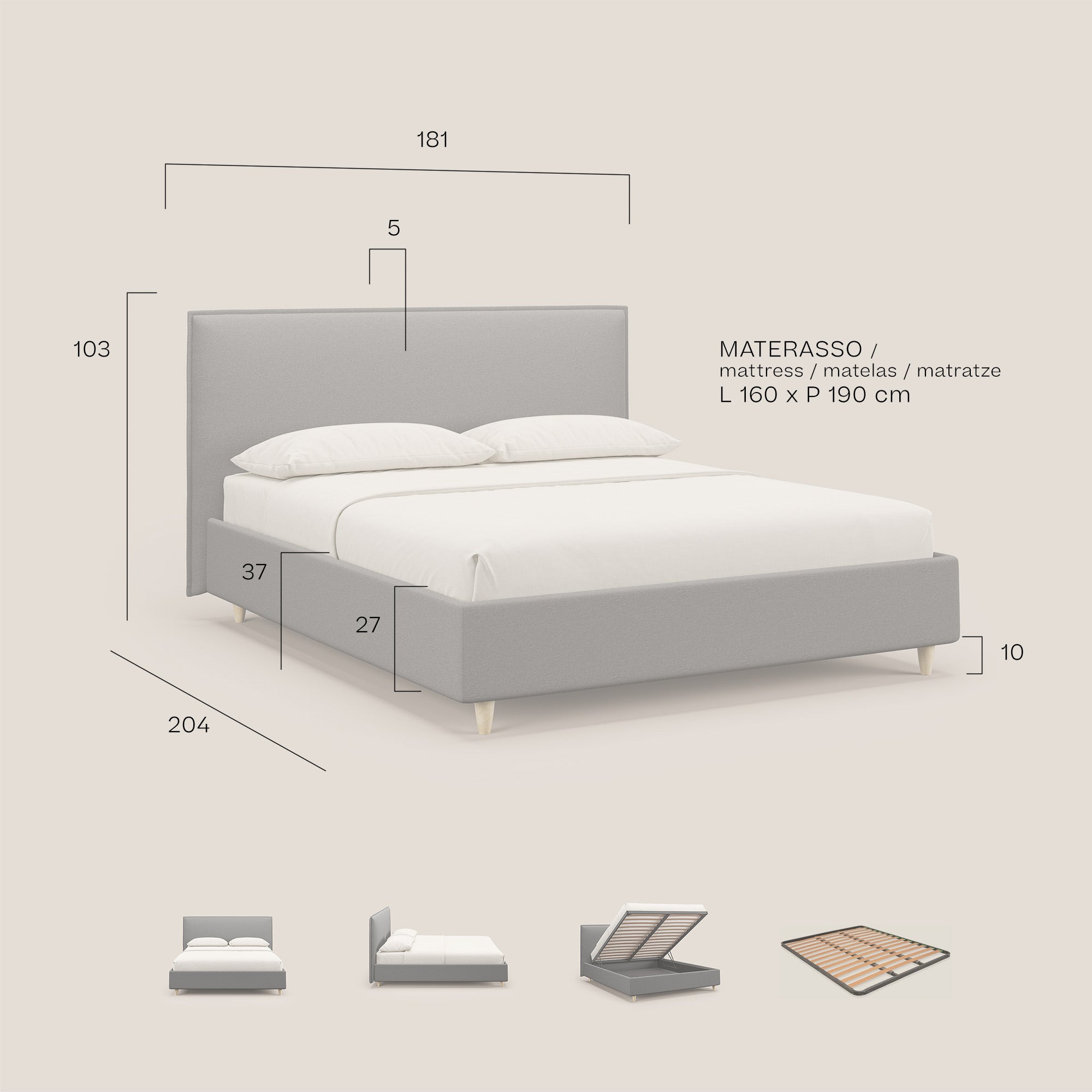Costanza letto contenitore e sfoderabile in tessuto misto cotone impermeabile T13 antracite - divani.store