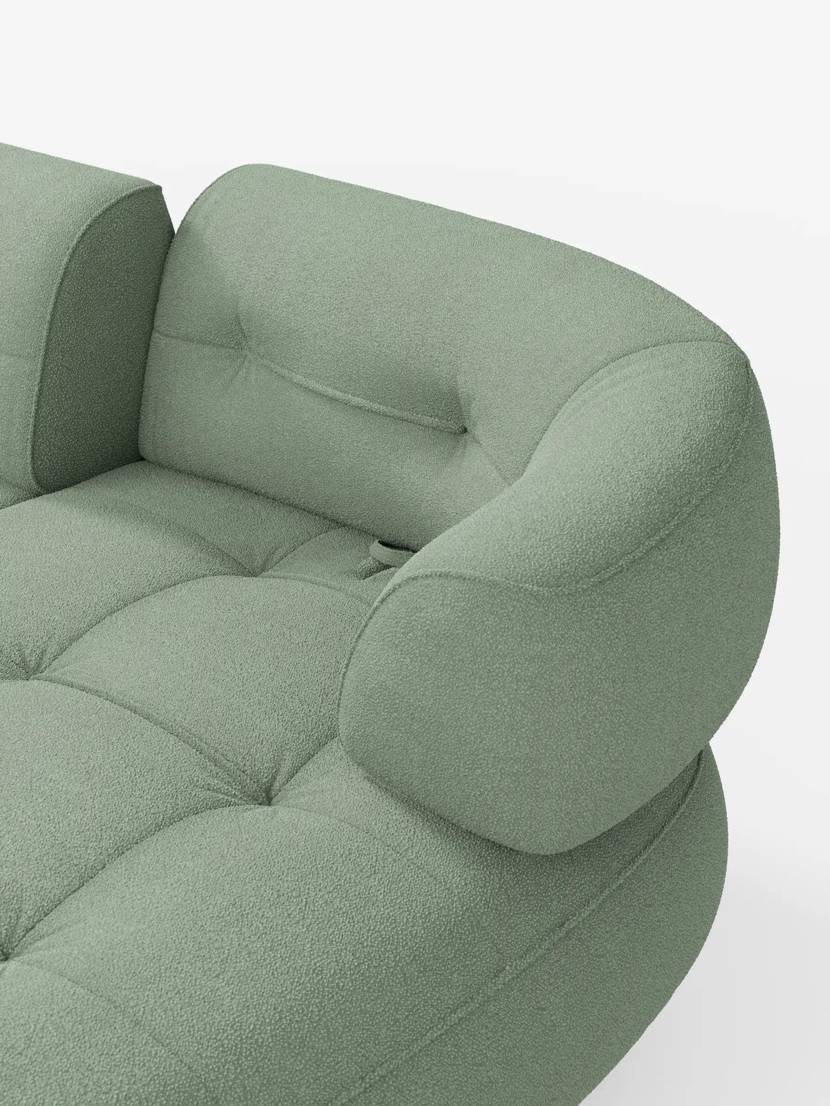Croissant, divano angolare dal design a fagiolo con schienali scorrevoli in morbido tessuto effetto cotone smacchiabile T33, color verde salvia, con seduta trapuntata e schienali arrotondati e regolabili.