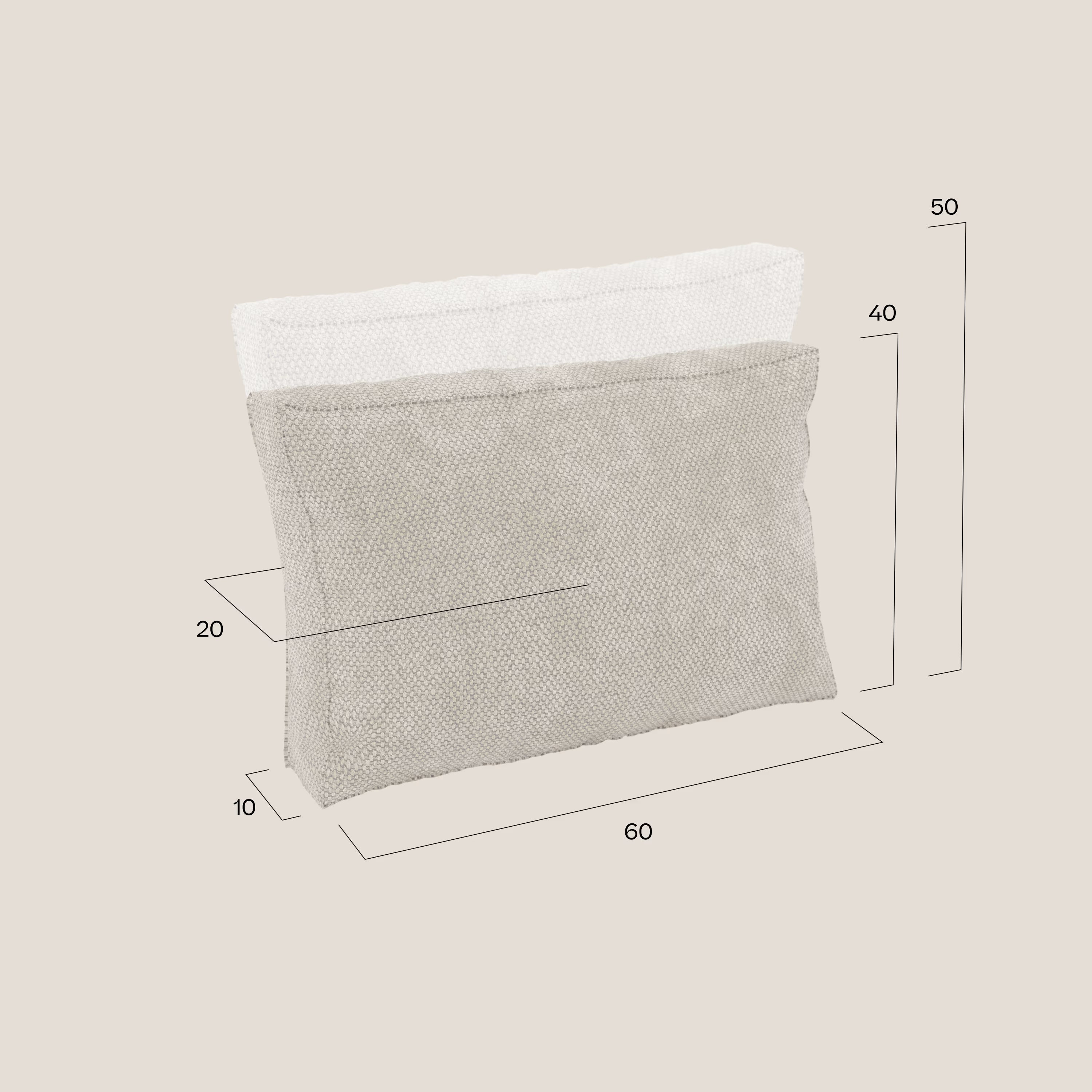 Due cuscini schienale BonBon di Divani.Store in tessuto smacchiabile T23 antracite su sfondo beige. Perfetti per il divano componibile, misurano 60x50x20 cm con linee di cucitura a 40 cm e 10 cm. Disponibile in 2 misure.