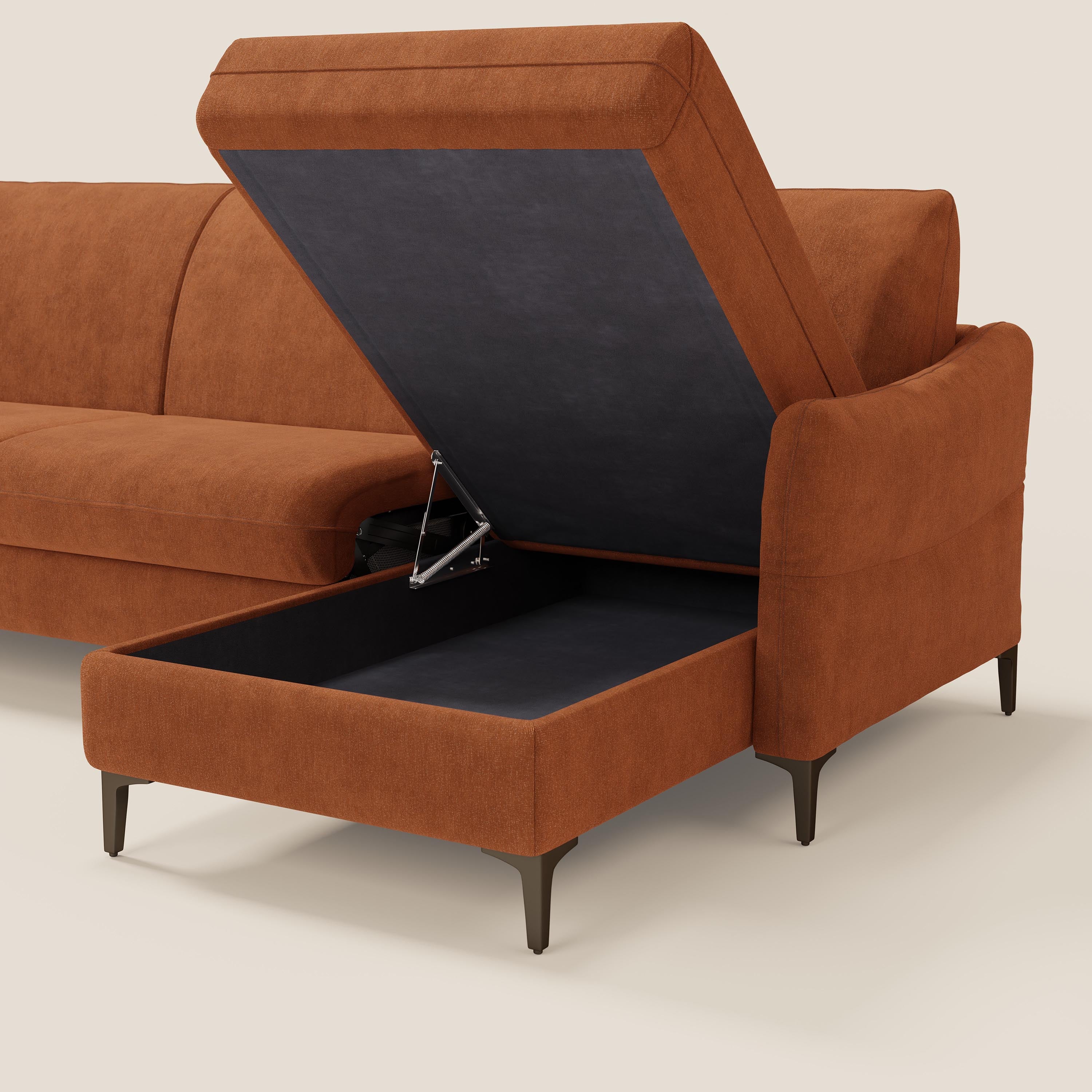 Dalia divano letto angolare con materasso alto 18 cm piedini alti e penisola contenitore in tessuto smacchiabile T17 - divani.store
