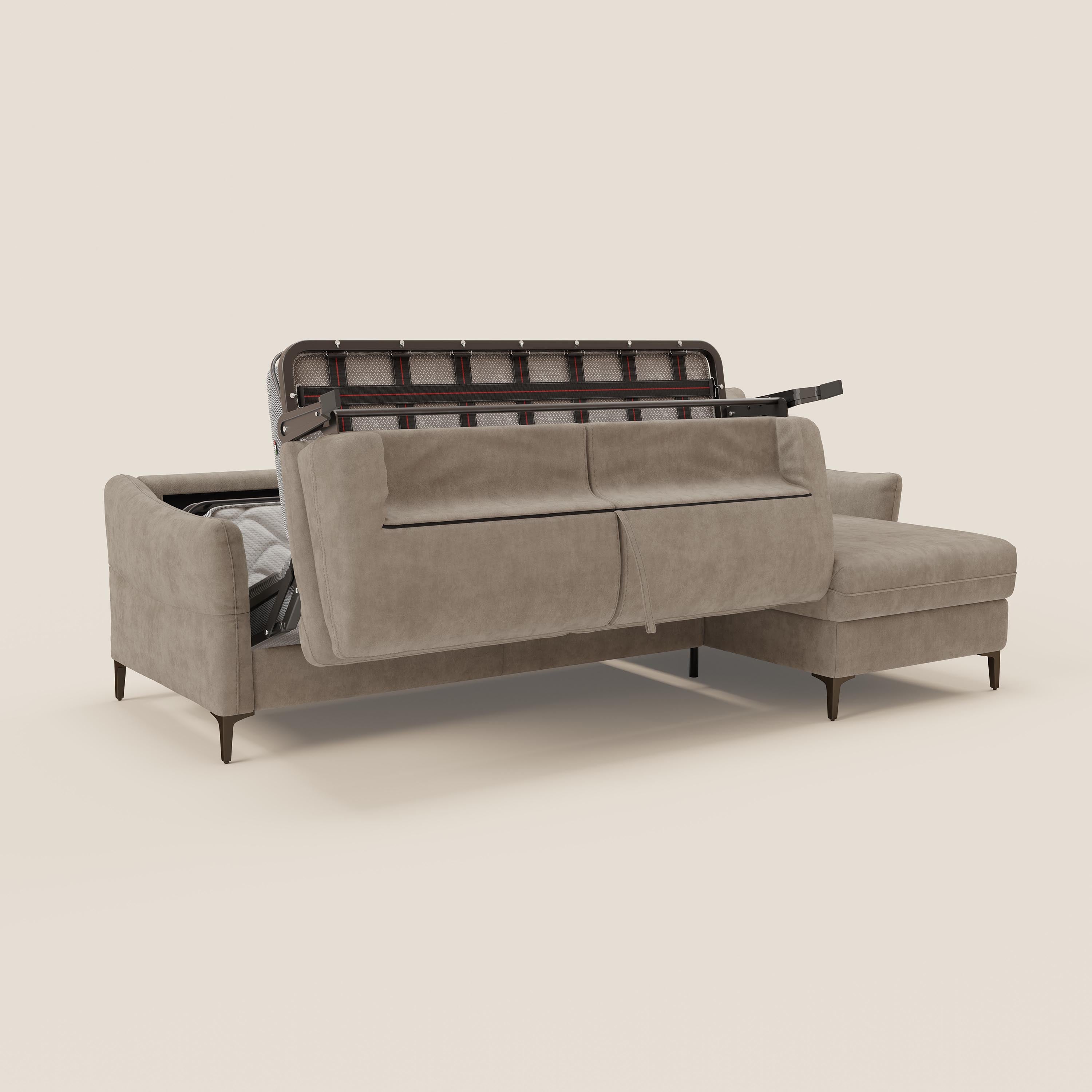 Dalia divano letto angolare con materasso alto 18 cm piedini alti e penisola contenitore in tessuto smacchiabile T17 - divani.store