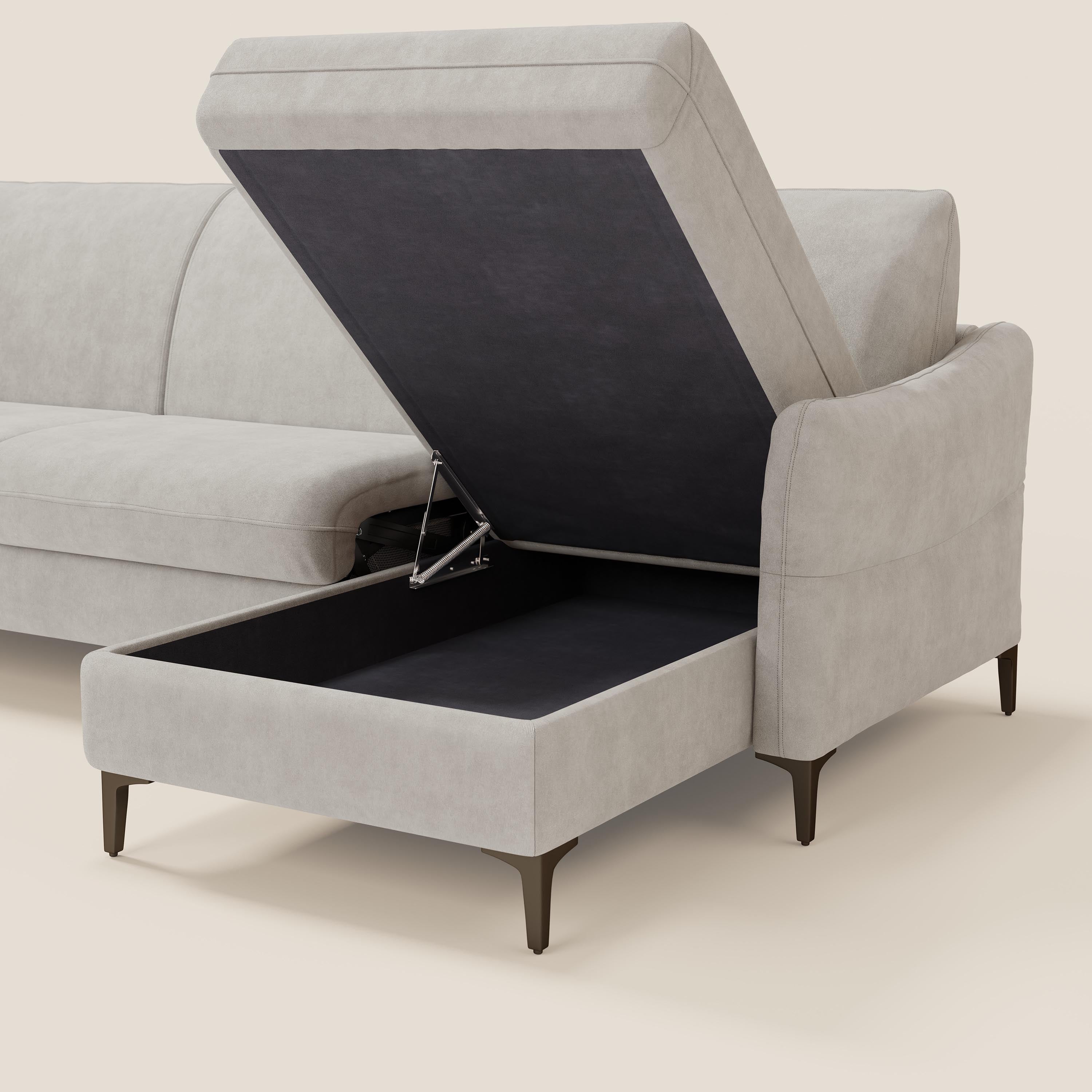 Dalia divano letto angolare con materasso alto 18 cm piedini alti e penisola contenitore in tessuto smacchiabile T17 - divani.store