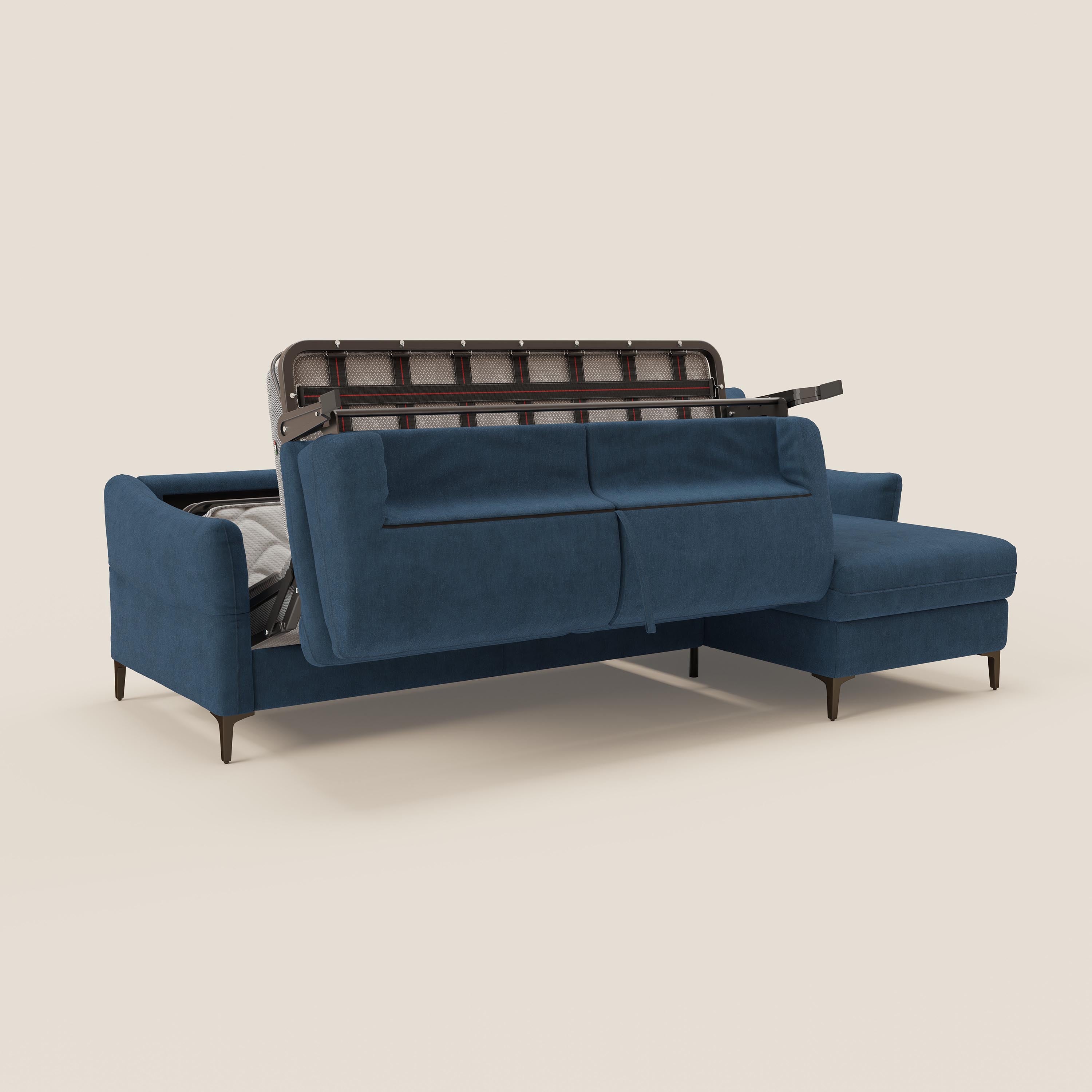Dalia divano letto angolare con materasso alto 18 cm piedini alti e penisola contenitore in tessuto smacchiabile T17 - divani.store