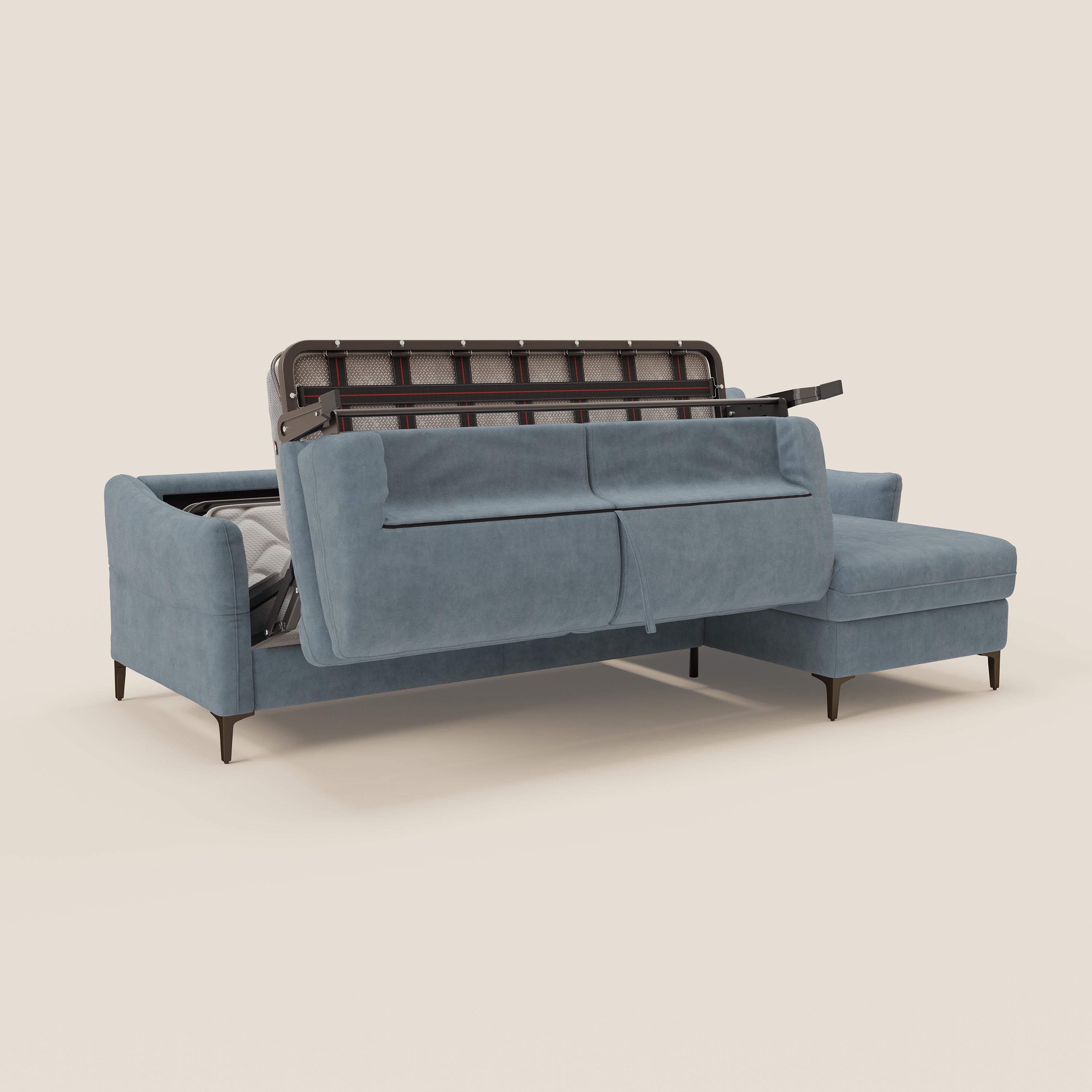 Dalia divano letto angolare con materasso alto 18 cm piedini alti e penisola contenitore in tessuto smacchiabile T17 - divani.store