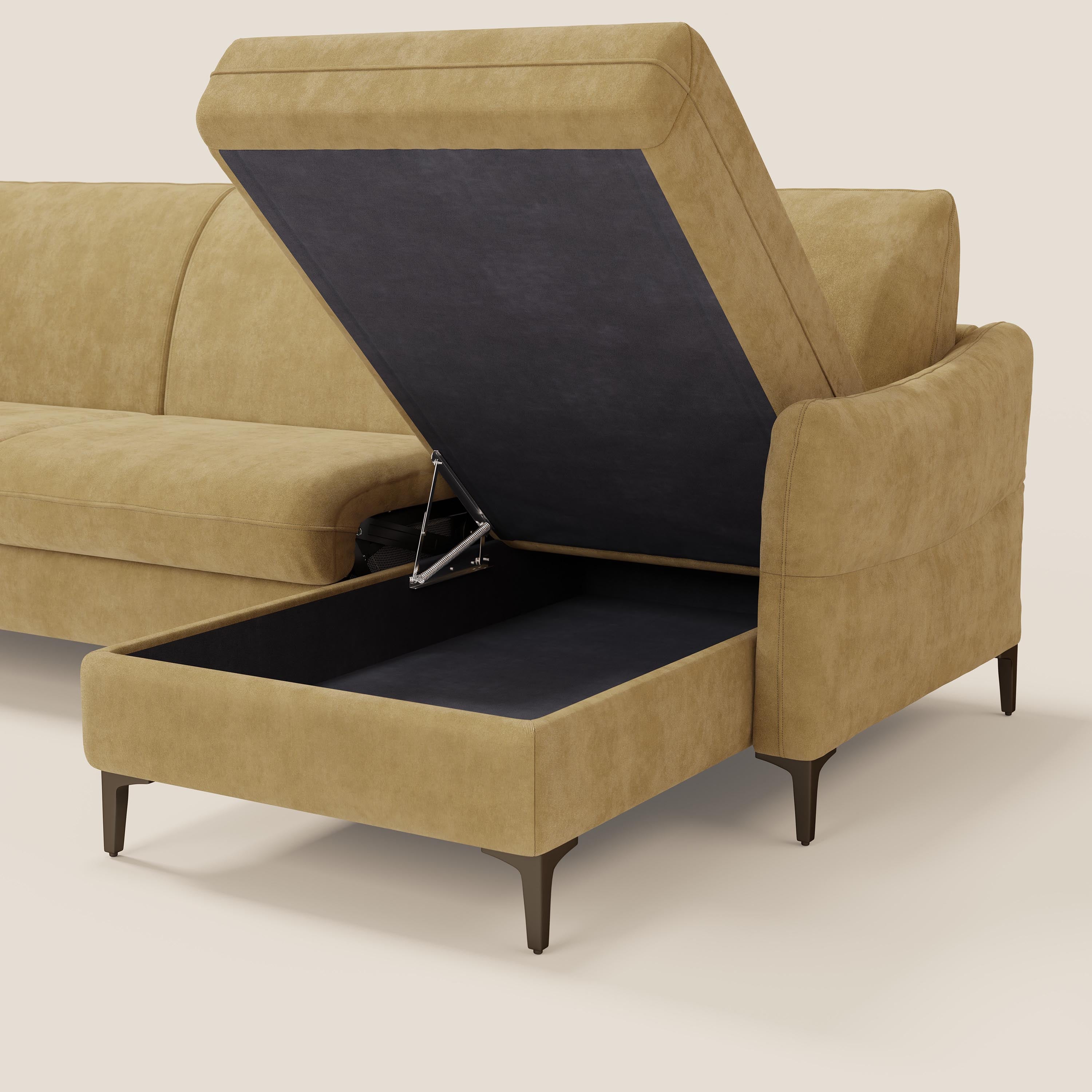 Dalia divano letto angolare con materasso alto 18 cm piedini alti e penisola contenitore in tessuto smacchiabile T17 - divani.store