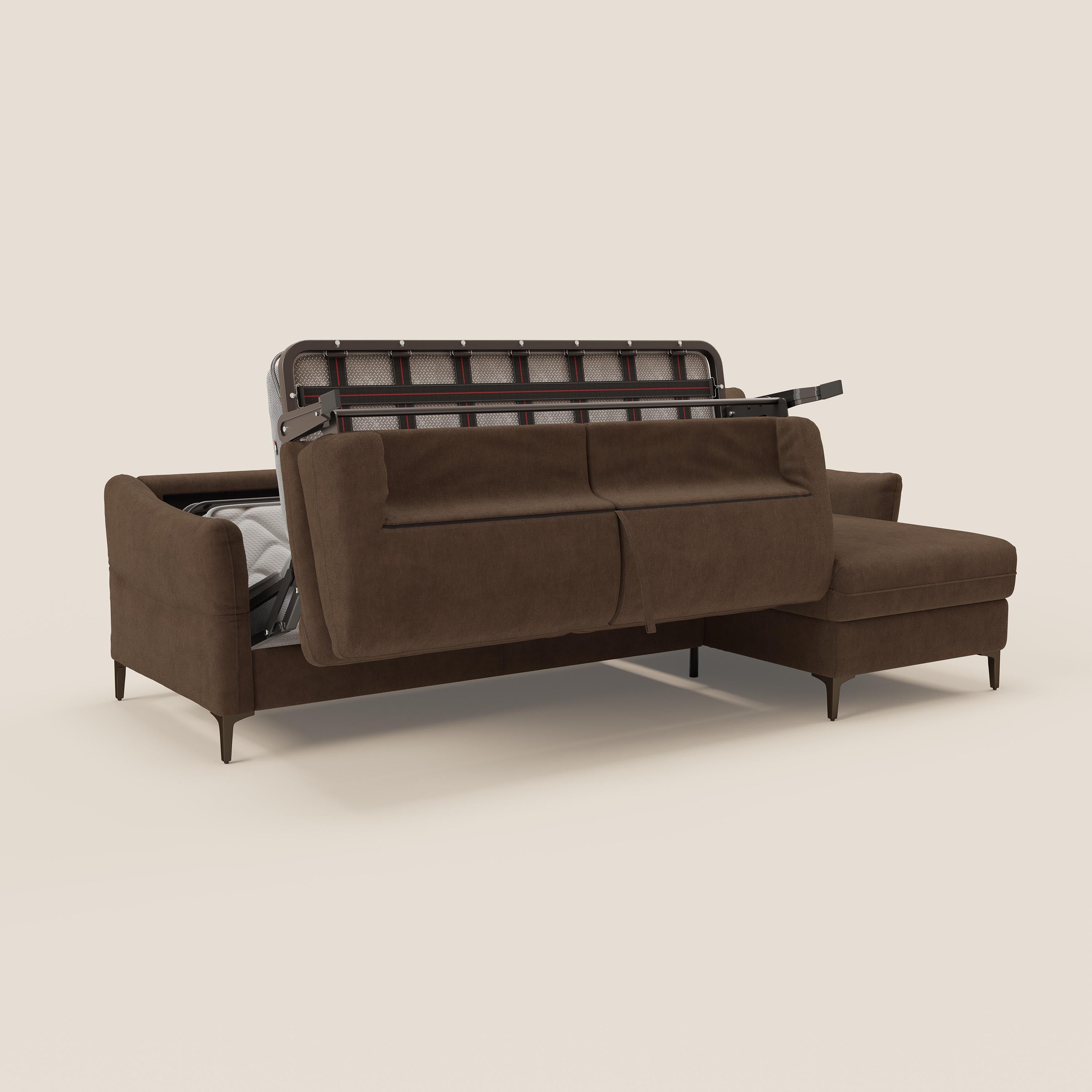 Dalia divano letto angolare con materasso alto 18 cm piedini alti e penisola contenitore in tessuto smacchiabile T17 - divani.store