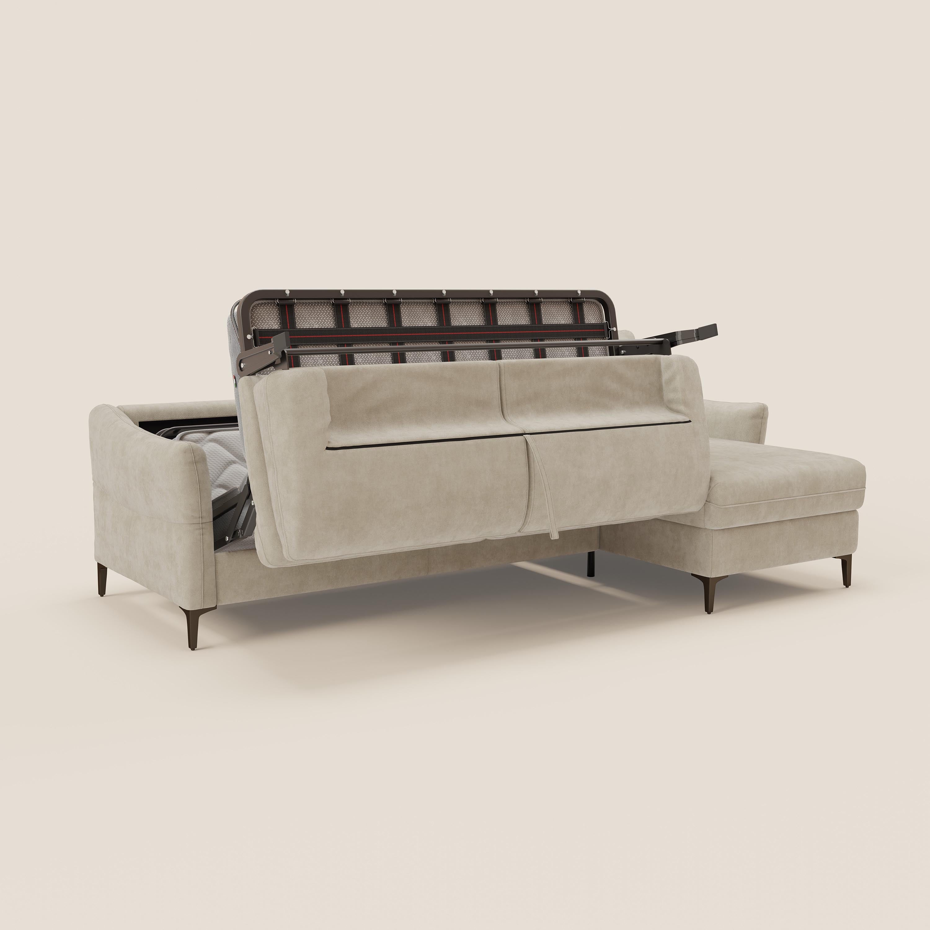 Dalia divano letto angolare con materasso alto 18 cm piedini alti e penisola contenitore in tessuto smacchiabile T17 - divani.store