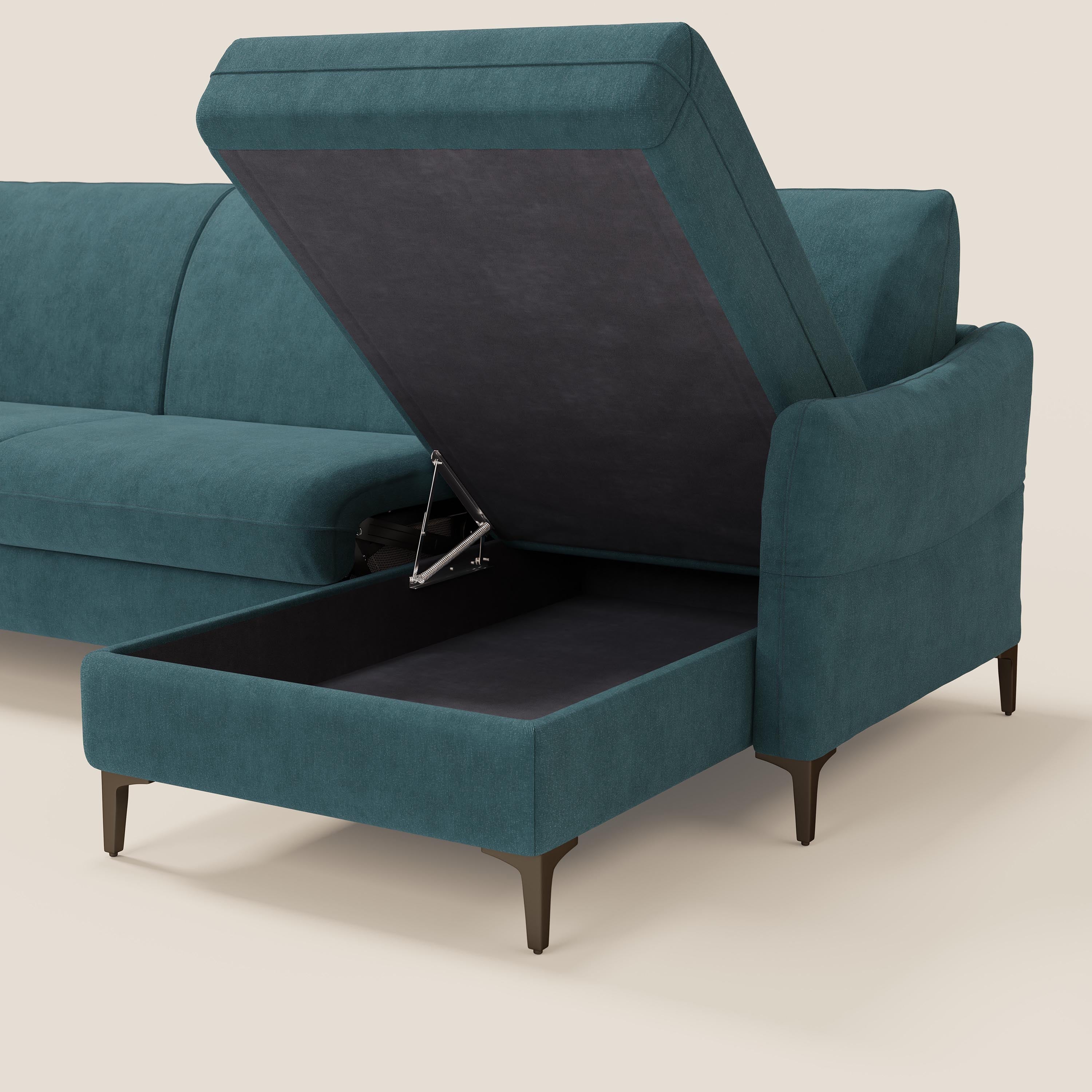 Dalia divano letto angolare con materasso alto 18 cm piedini alti e penisola contenitore in tessuto smacchiabile T17 - divani.store