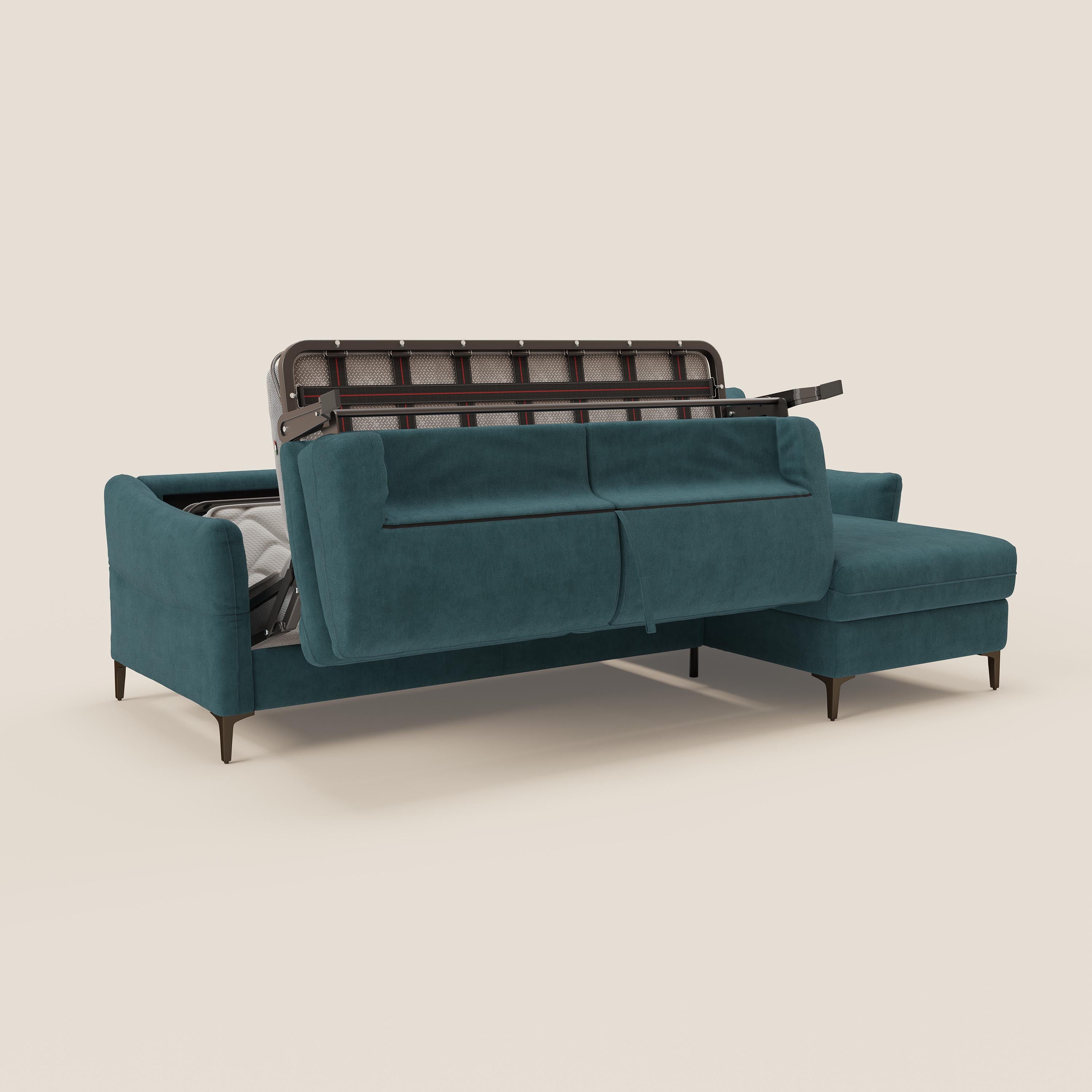 Dalia divano letto angolare con materasso alto 18 cm piedini alti e penisola contenitore in tessuto smacchiabile T17 - divani.store