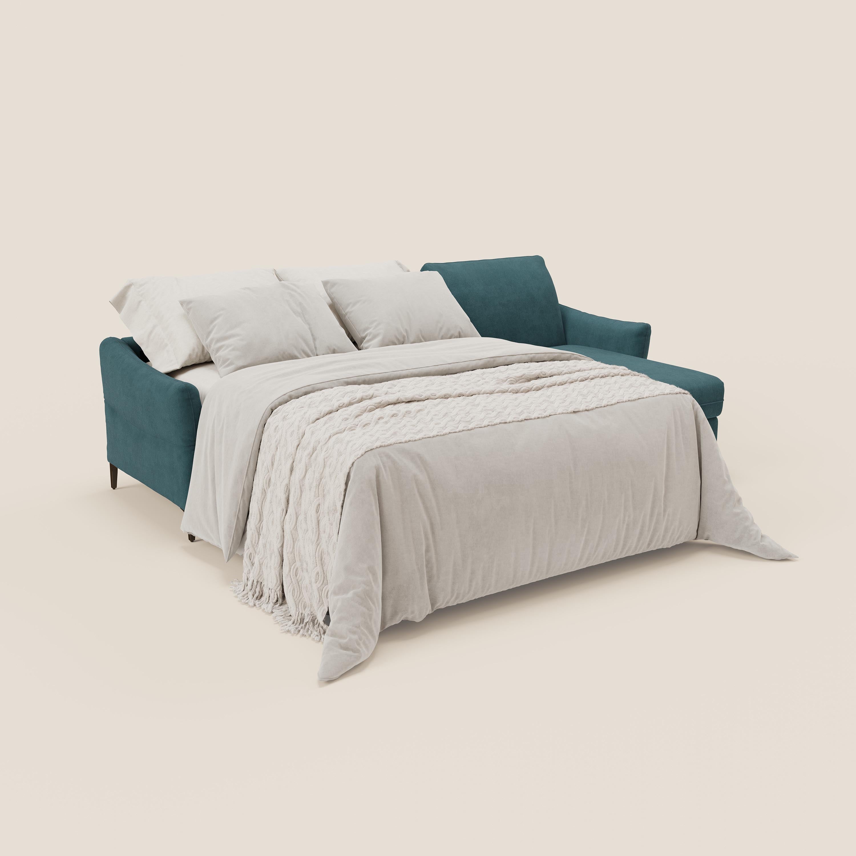 Dalia divano letto angolare con materasso alto 18 cm piedini alti e penisola contenitore in tessuto smacchiabile T17 - divani.store