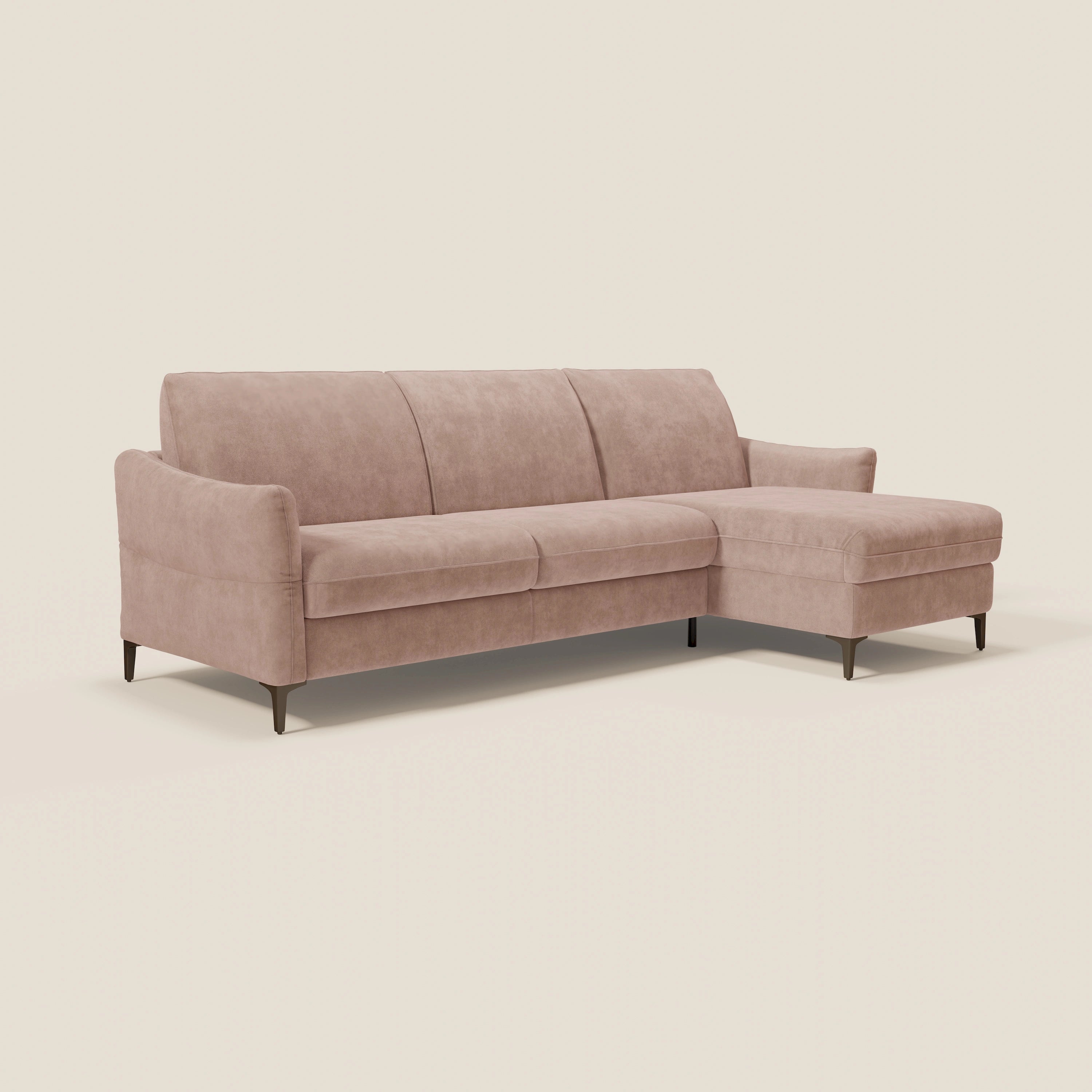 Dalia divano letto angolare con materasso alto 18 cm piedini alti e penisola contenitore in tessuto smacchiabile T17 - divani.store