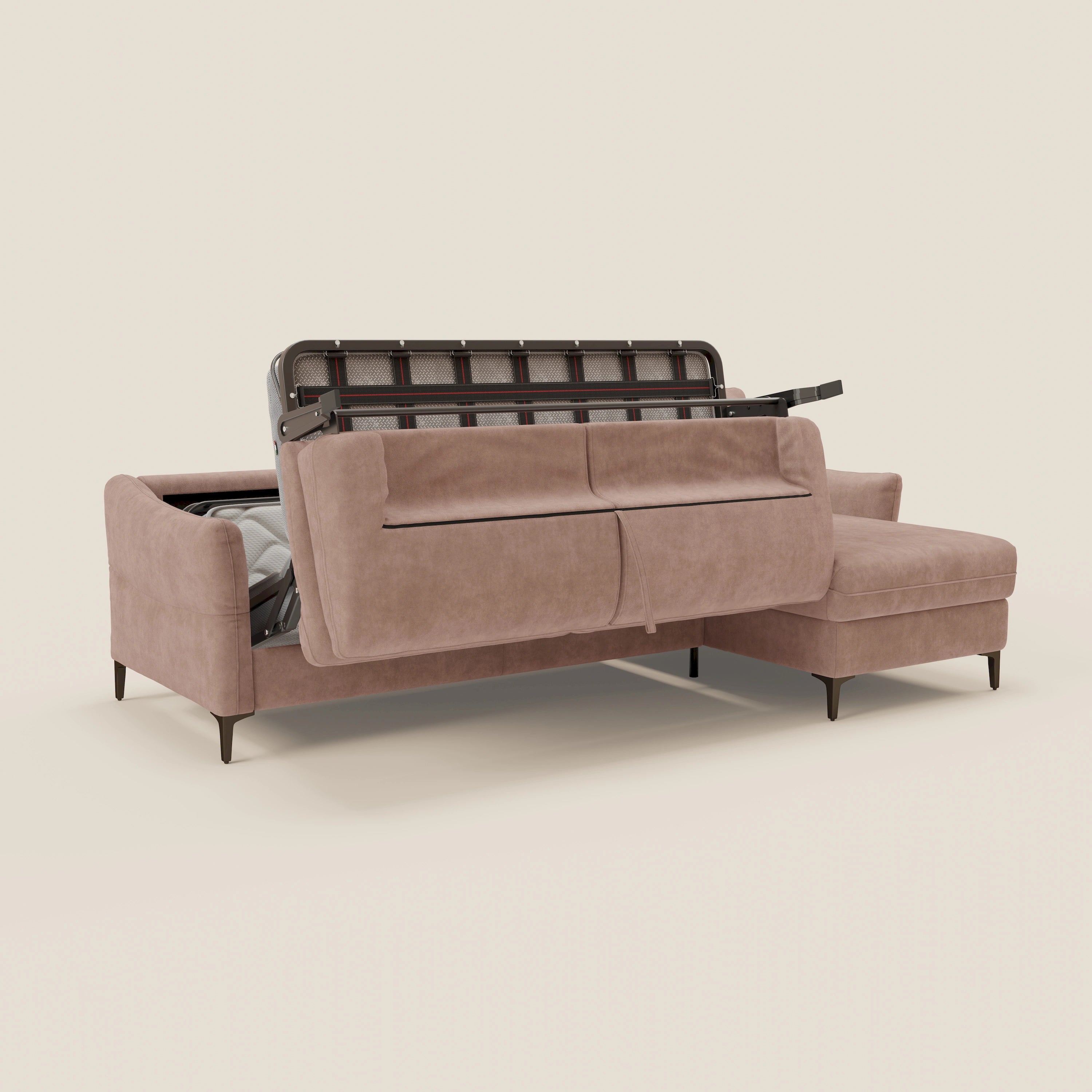 Dalia divano letto angolare con materasso alto 18 cm piedini alti e penisola contenitore in tessuto smacchiabile T17 - divani.store