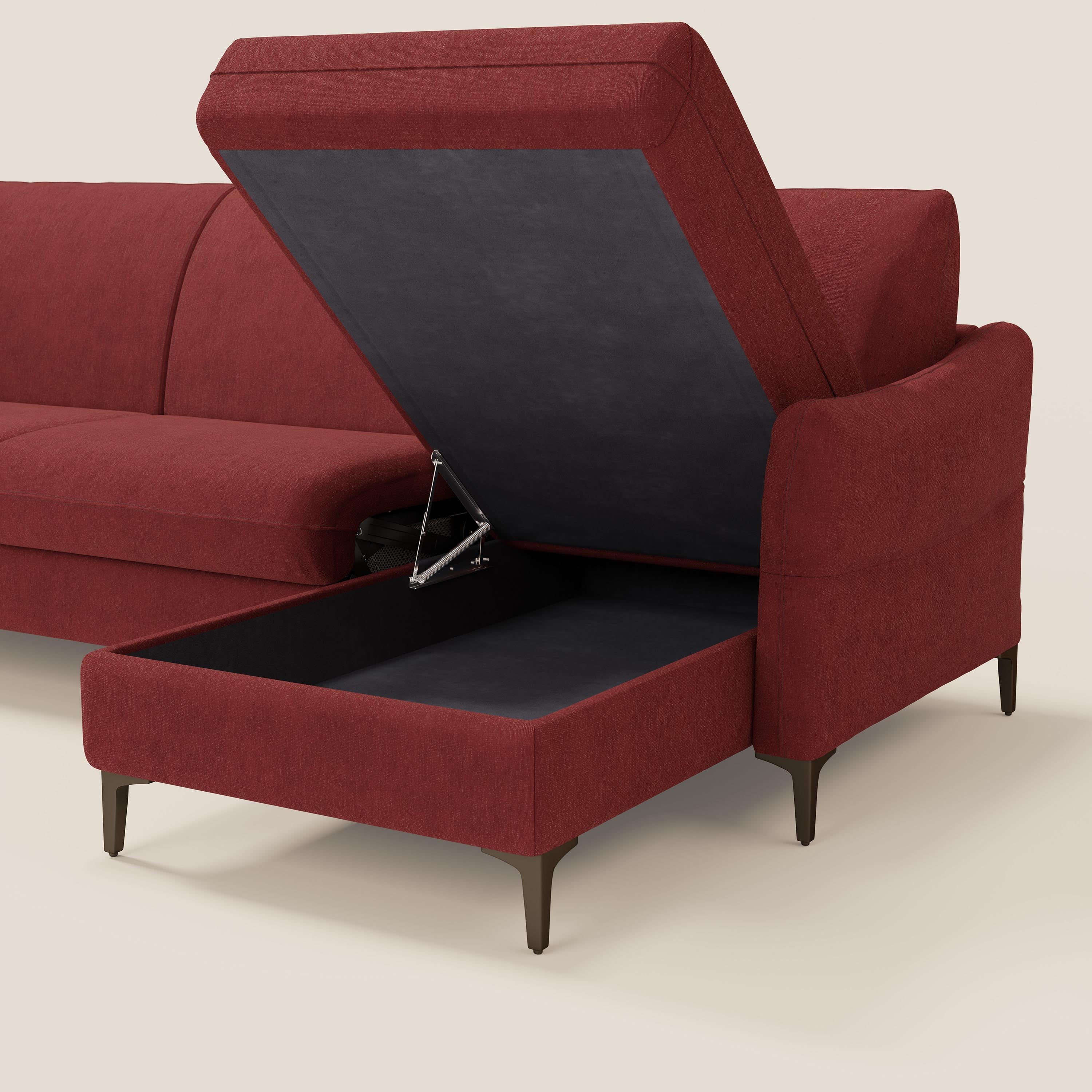 Dalia divano letto angolare con materasso alto 18 cm piedini alti e penisola contenitore in tessuto smacchiabile T17 - divani.store
