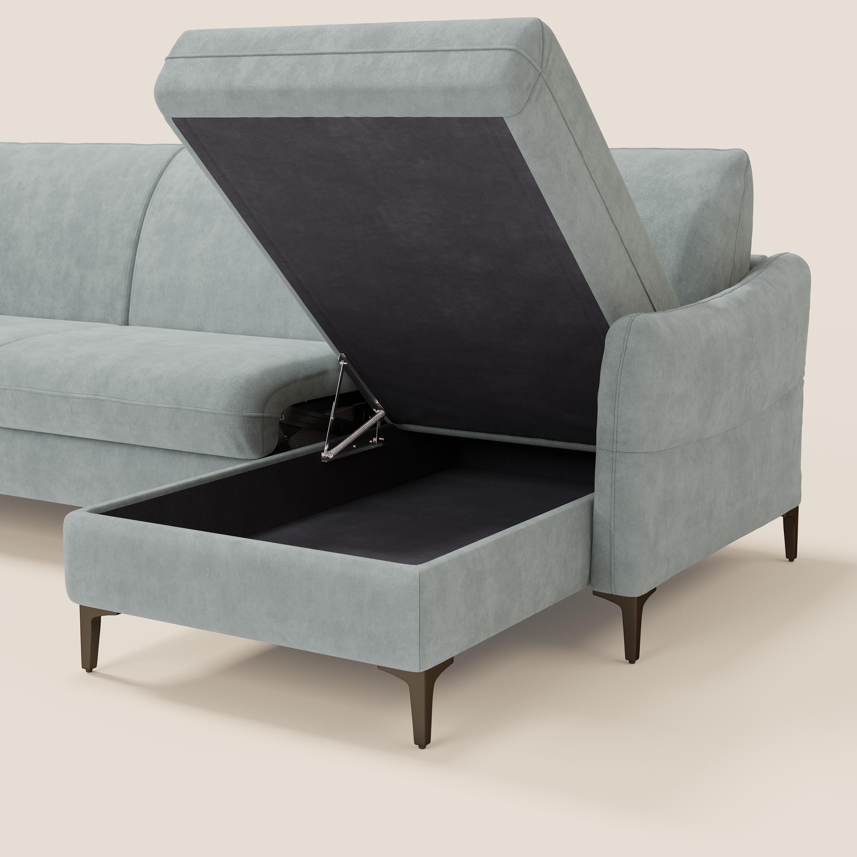 Dalia divano letto angolare con materasso alto 18 cm piedini alti e penisola contenitore in tessuto smacchiabile T17 - divani.store