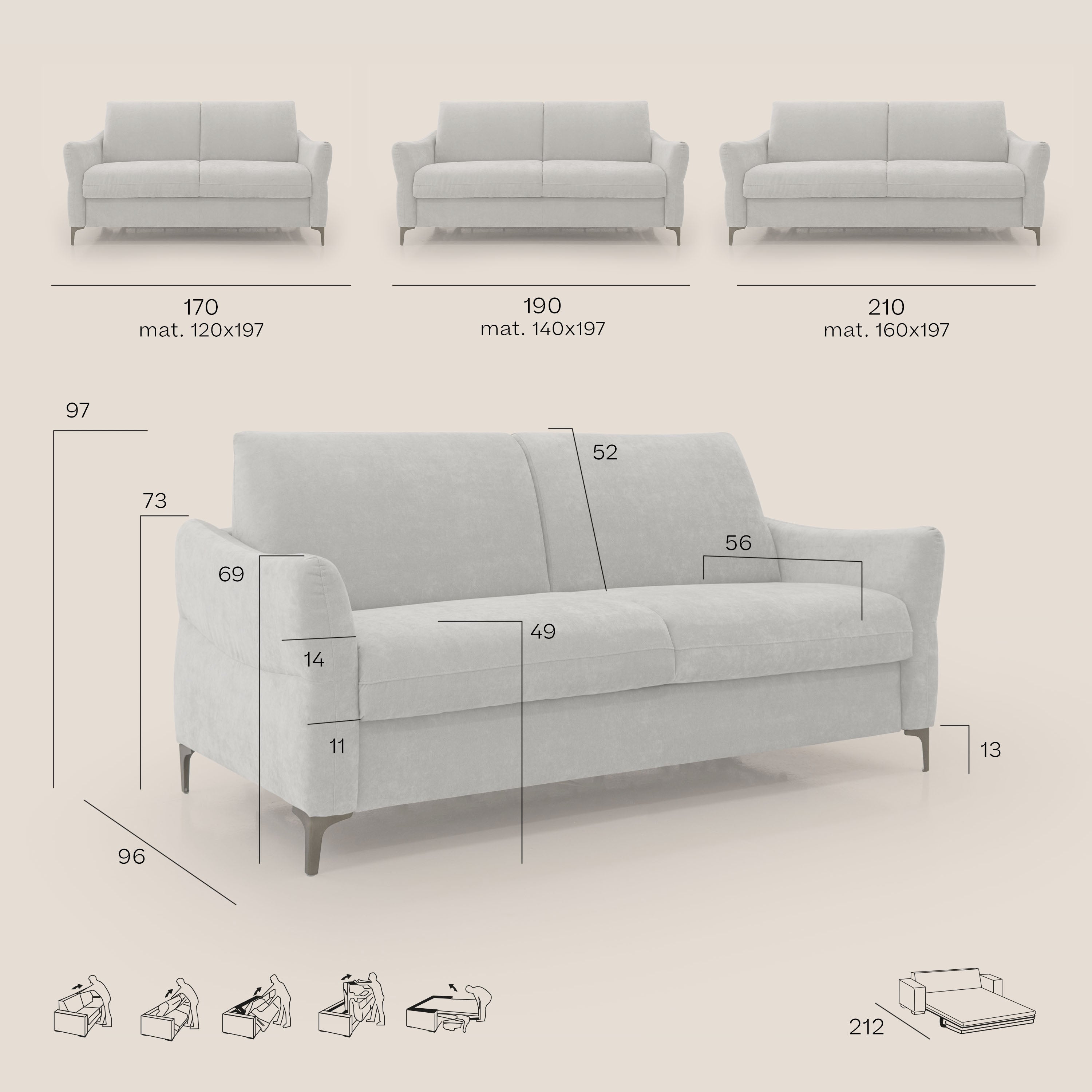 Dalia divano letto con materasso H18 cm e piedi alti in raffinato tessuto smacchiabile T17 panna - divani.store