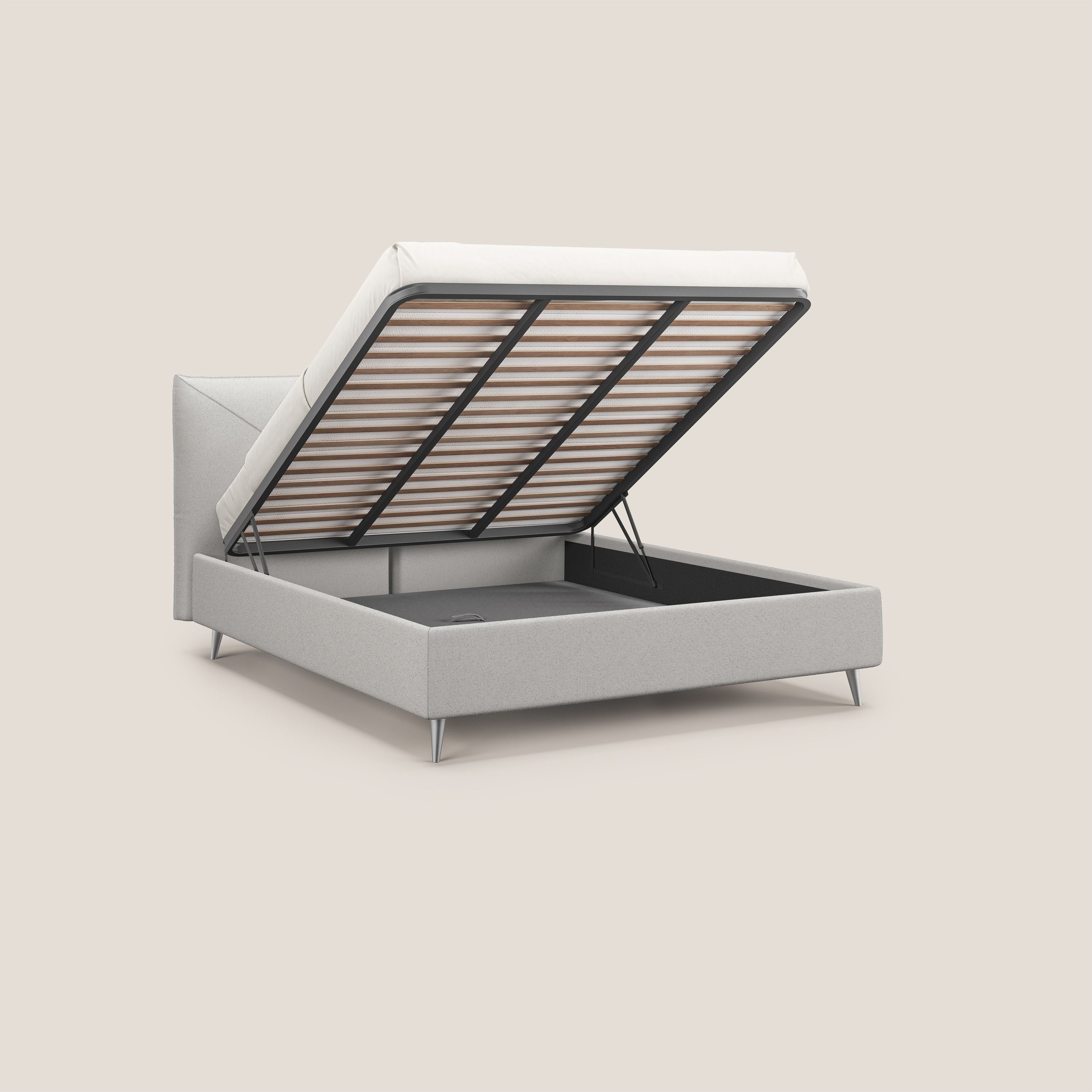 Adone letto imbottito contenitore a doppia pannellatura in bouclet impermeabile T07 grigio - divani.store