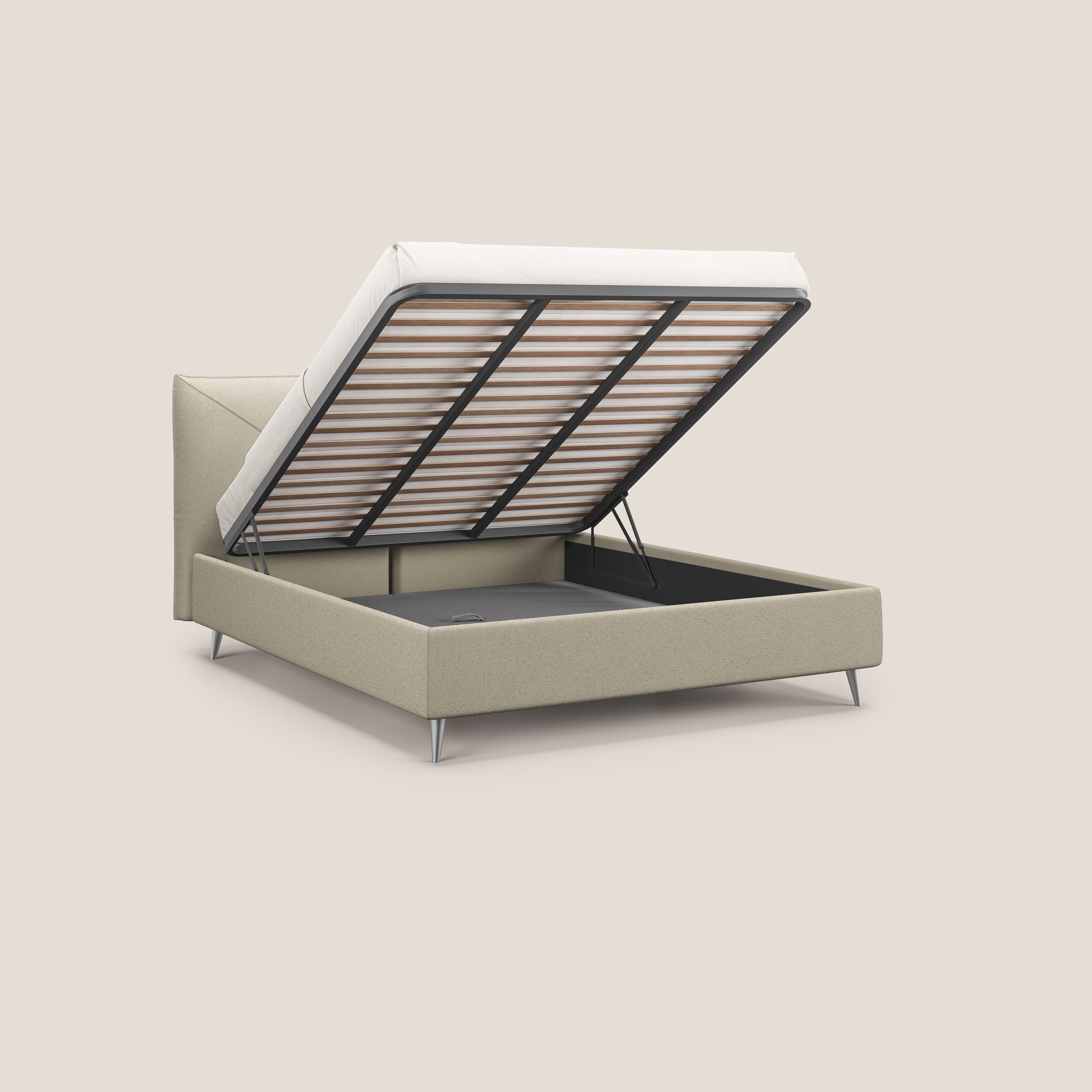 Adone letto imbottito contenitore a doppia pannellatura in bouclet impermeabile T07 beige - divani.store
