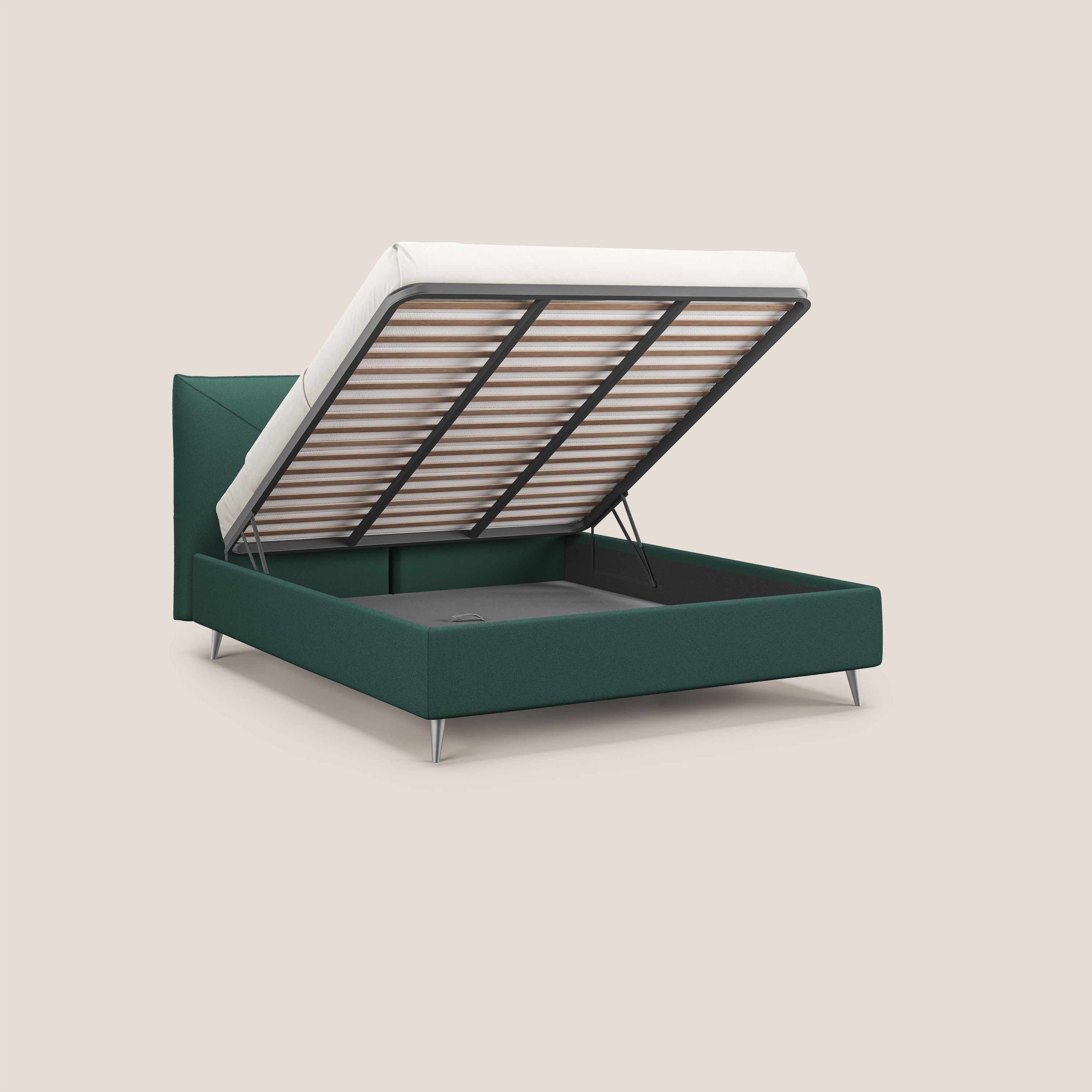 Adone letto imbottito contenitore a doppia pannellatura in bouclet impermeabile T07 verde - divani.store