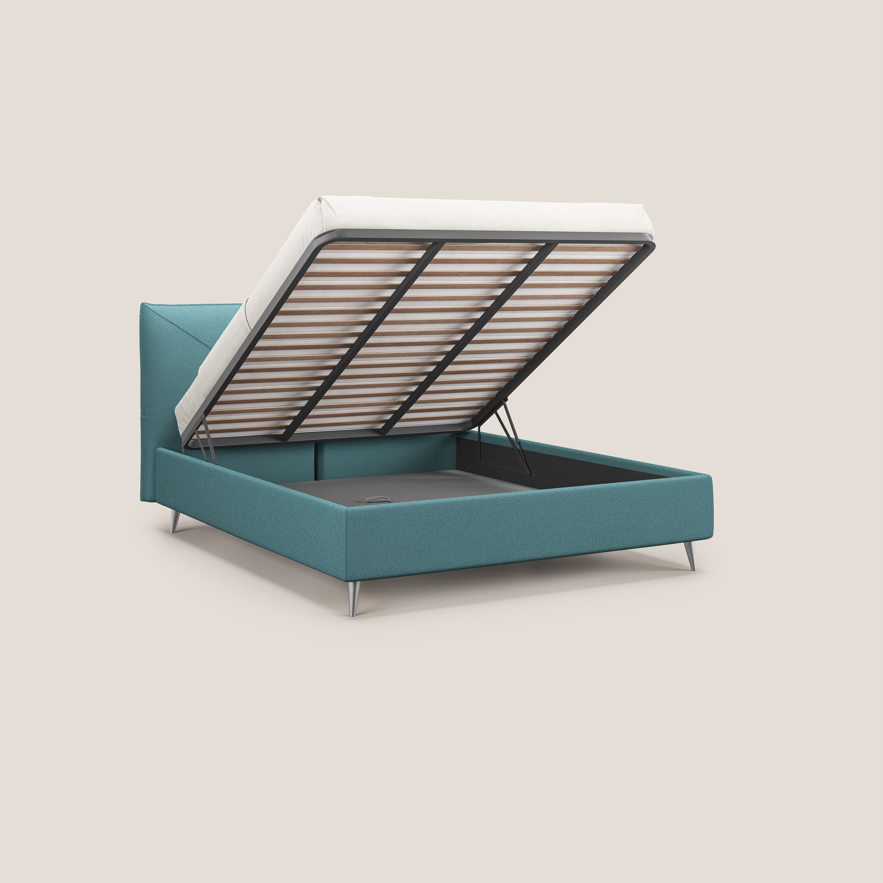 Adone letto imbottito contenitore a doppia pannellatura in bouclet impermeabile T07 azzurro - divani.store