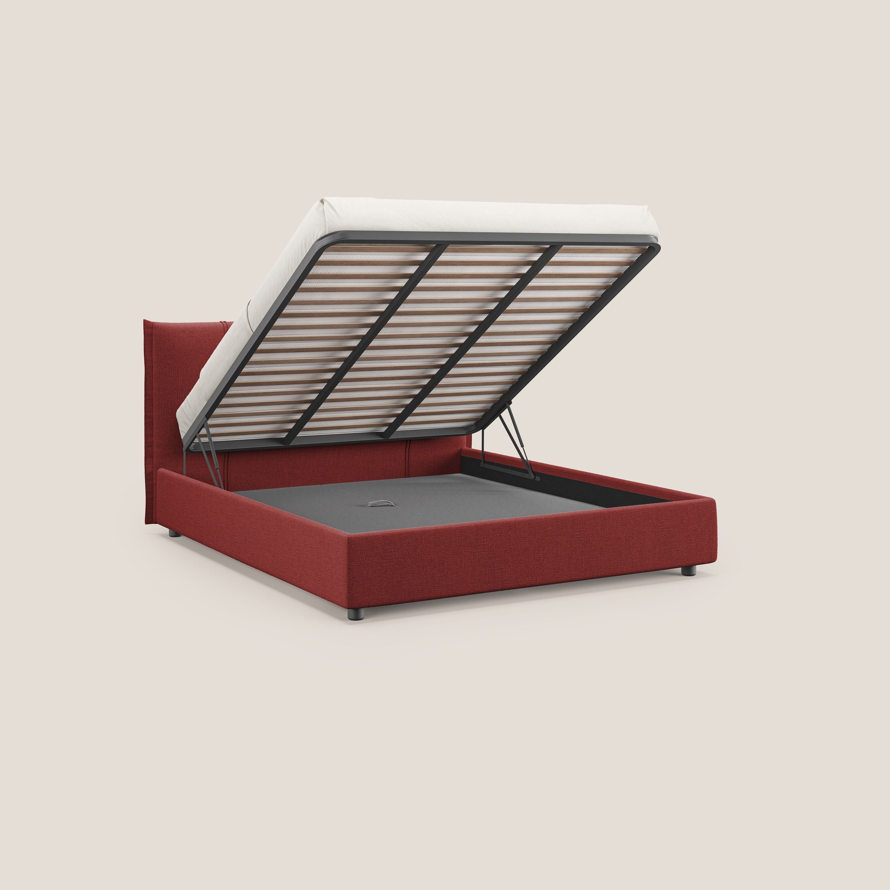 Alicia letto imbottito con vano contenitore in tessuto impermeabile T14 rosso - divani.store