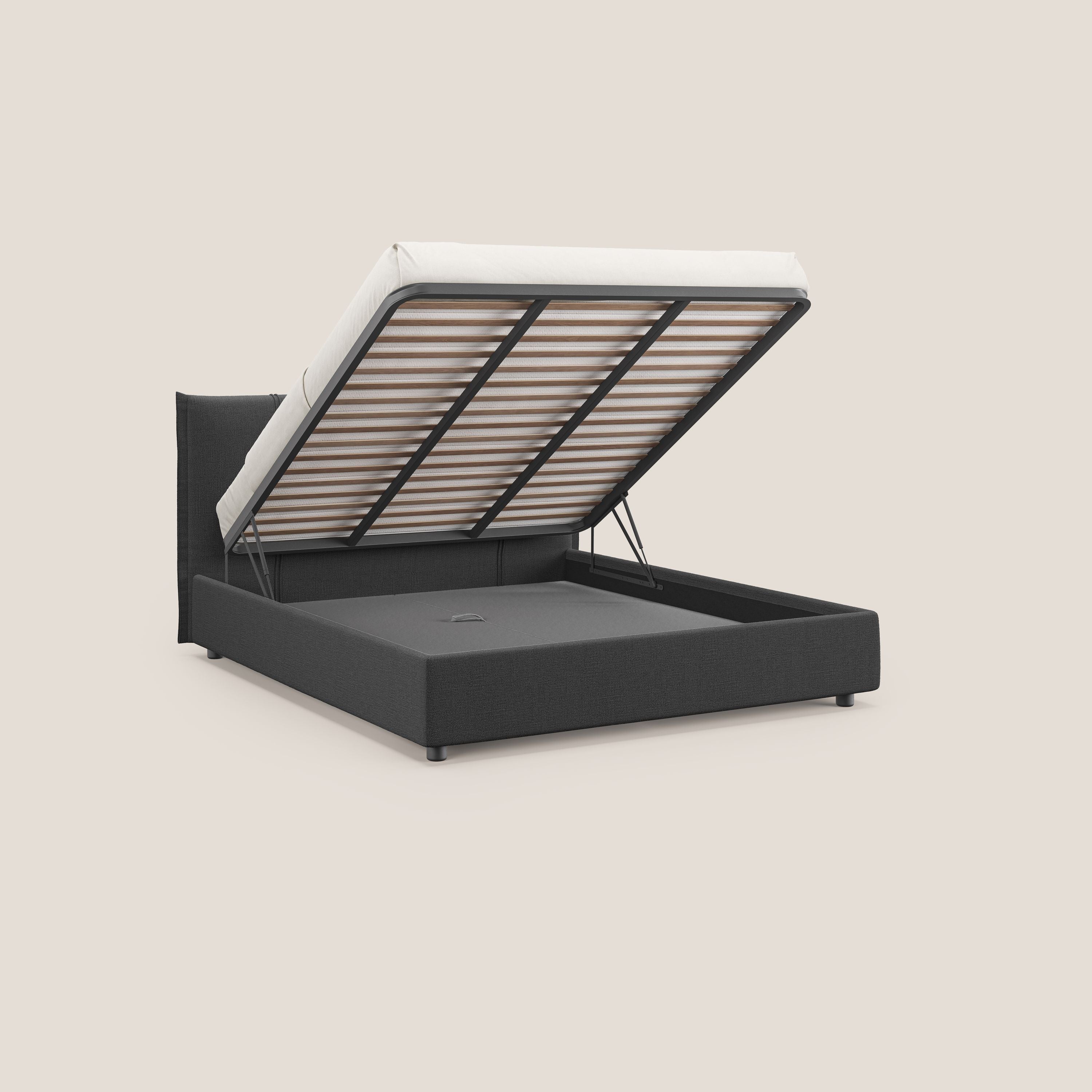 Alicia letto imbottito con vano contenitore in tessuto impermeabile T14 antracite - divani.store