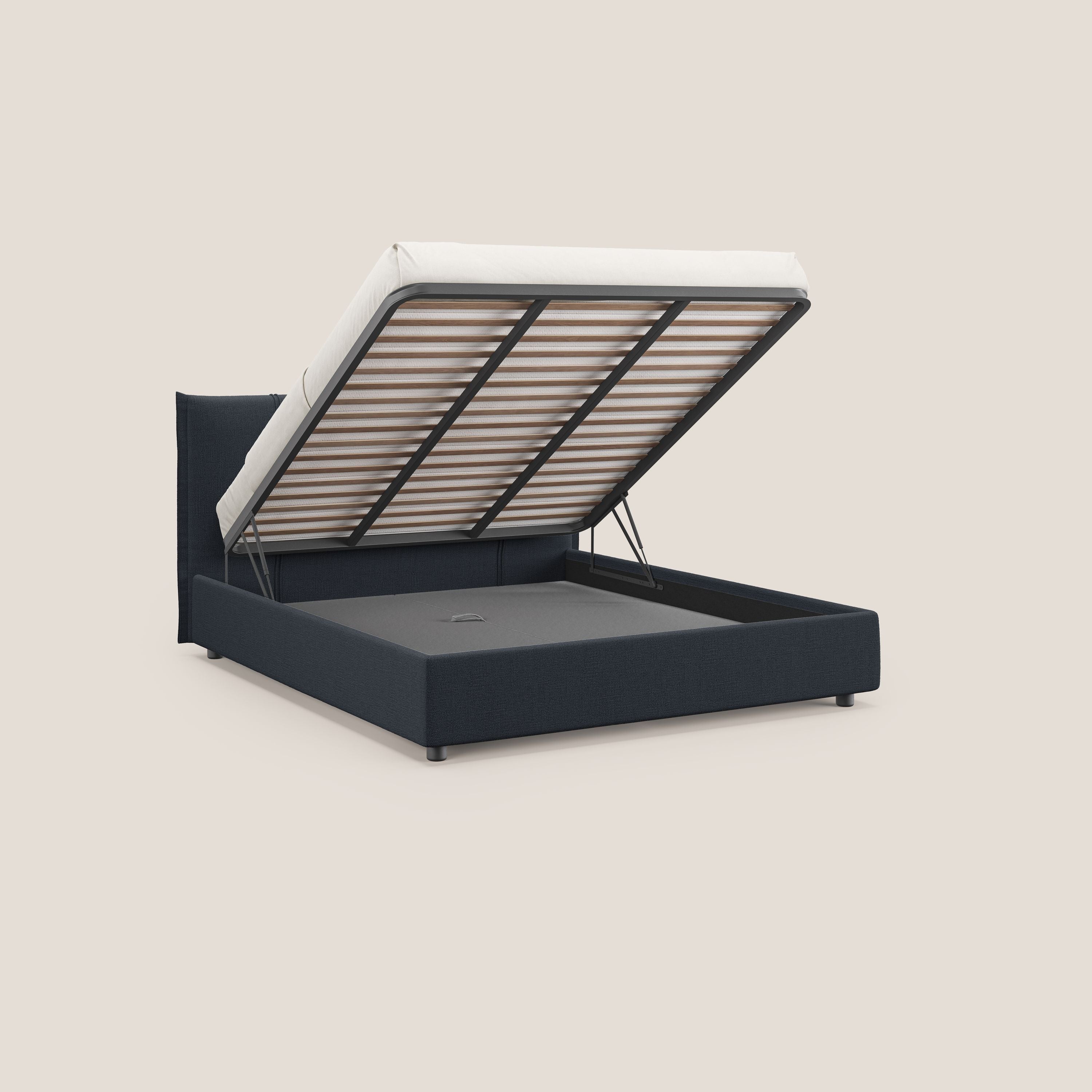 Alicia letto imbottito con vano contenitore in tessuto impermeabile T14 blu - divani.store