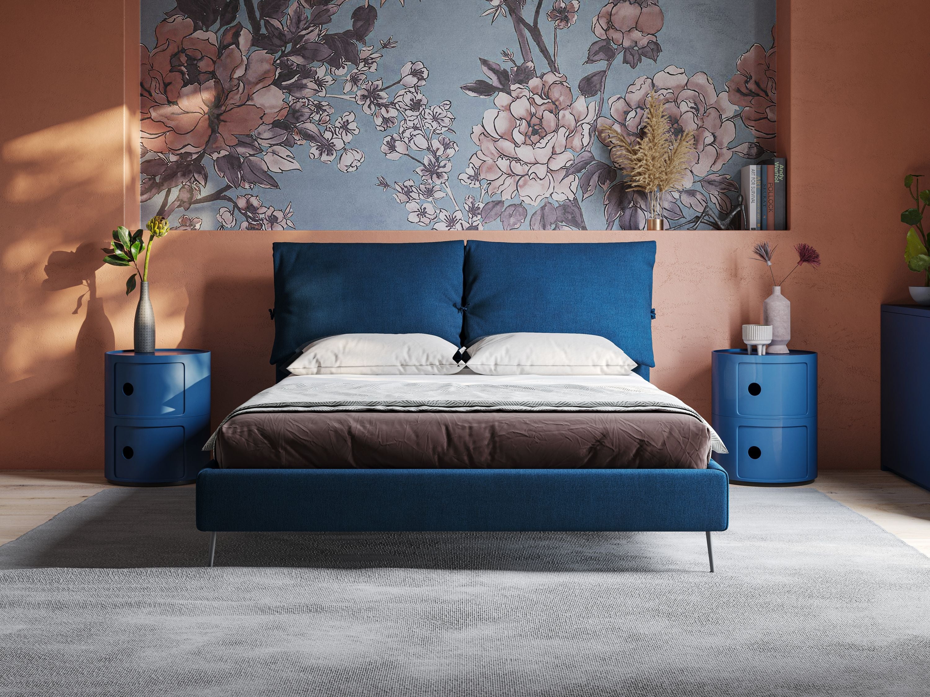 Artemisia letto imbottito con piedini alti sfoderabile in tessuto smacchiabile T17 blu - divani.store