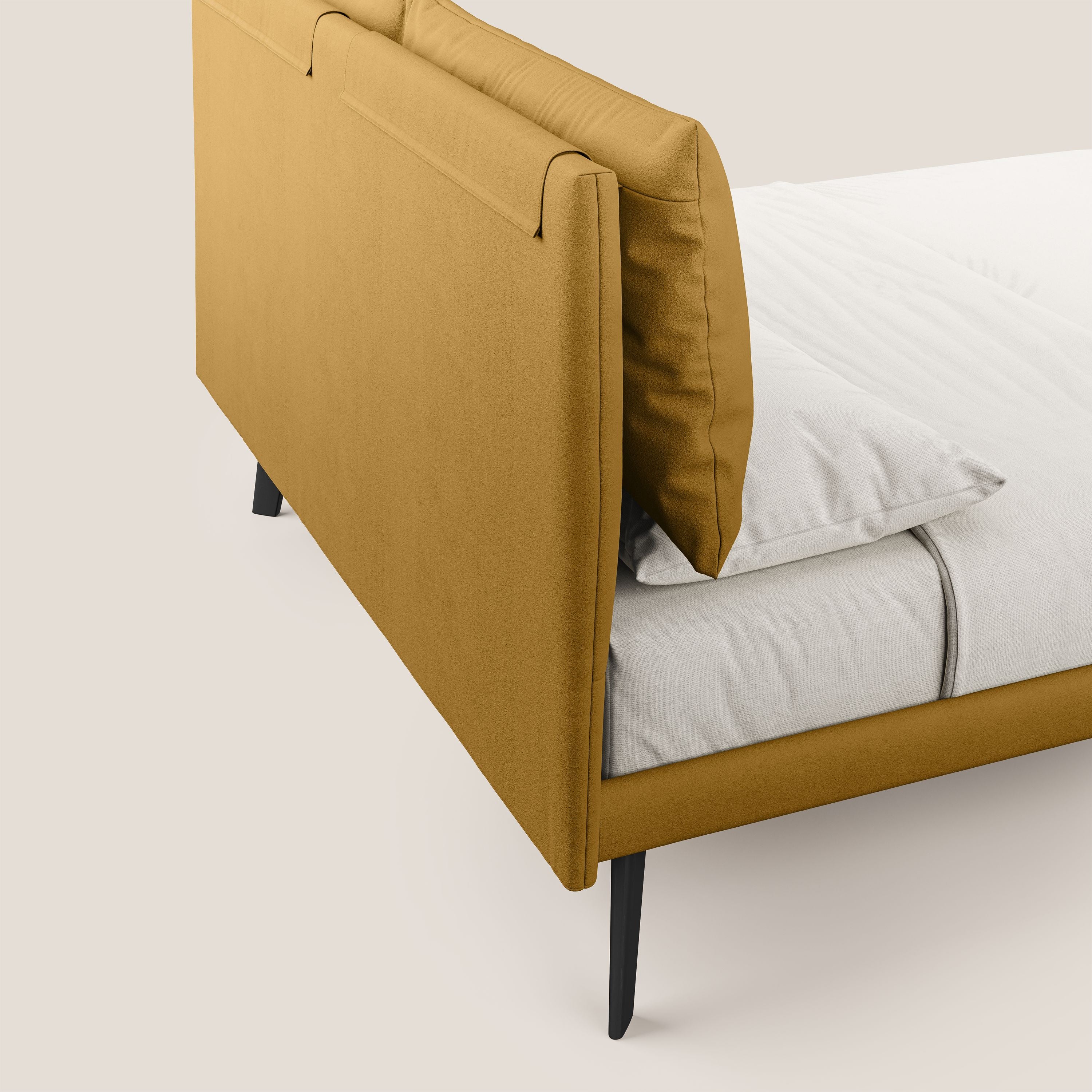 Astrid letto imbottito con piedi in legno in microfibra smacchiabile T11 giallo - divani.store