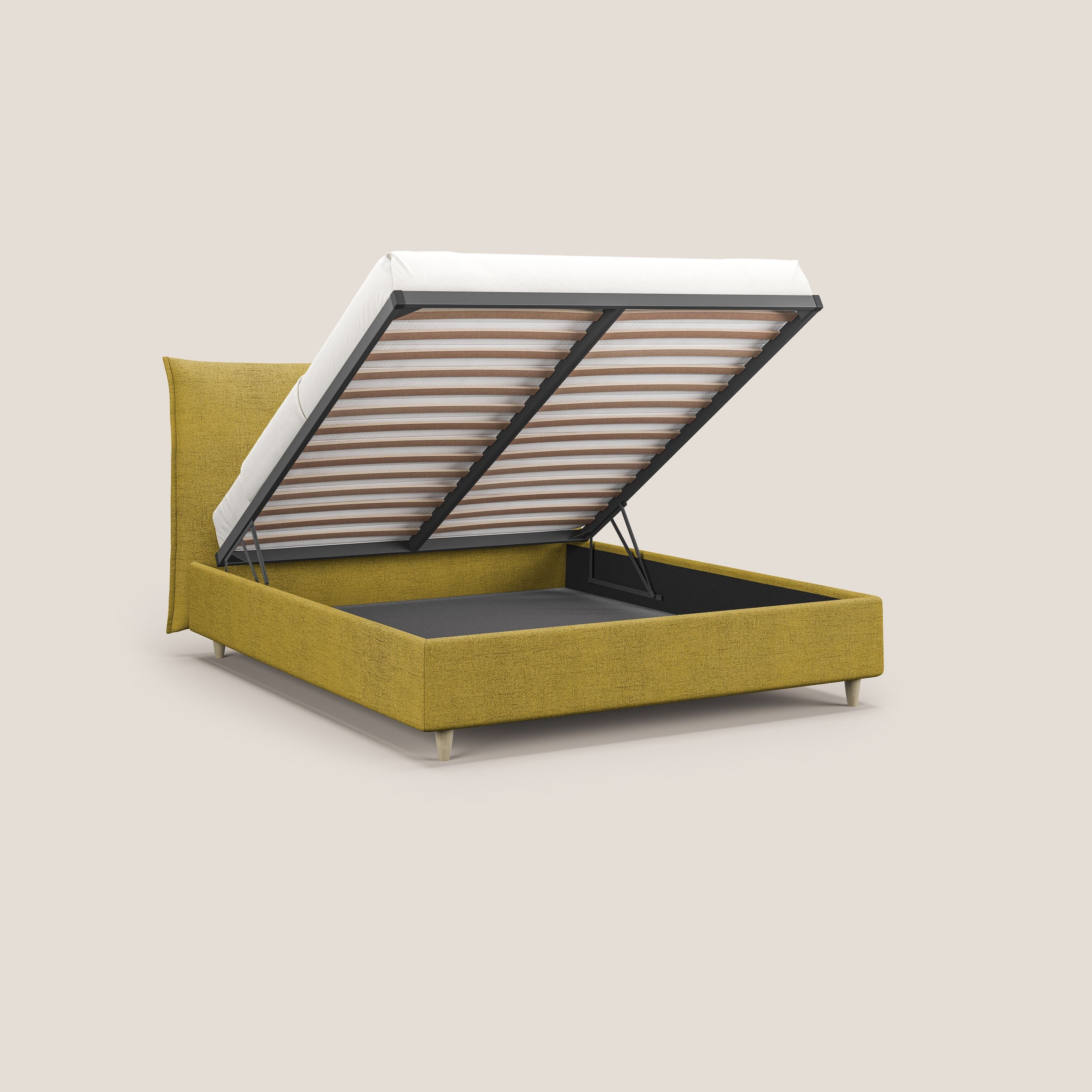 Audrey letto imbottito contenitore e sfoderabile in tessuto fiammato impermeabile T03 giallo - divani.store