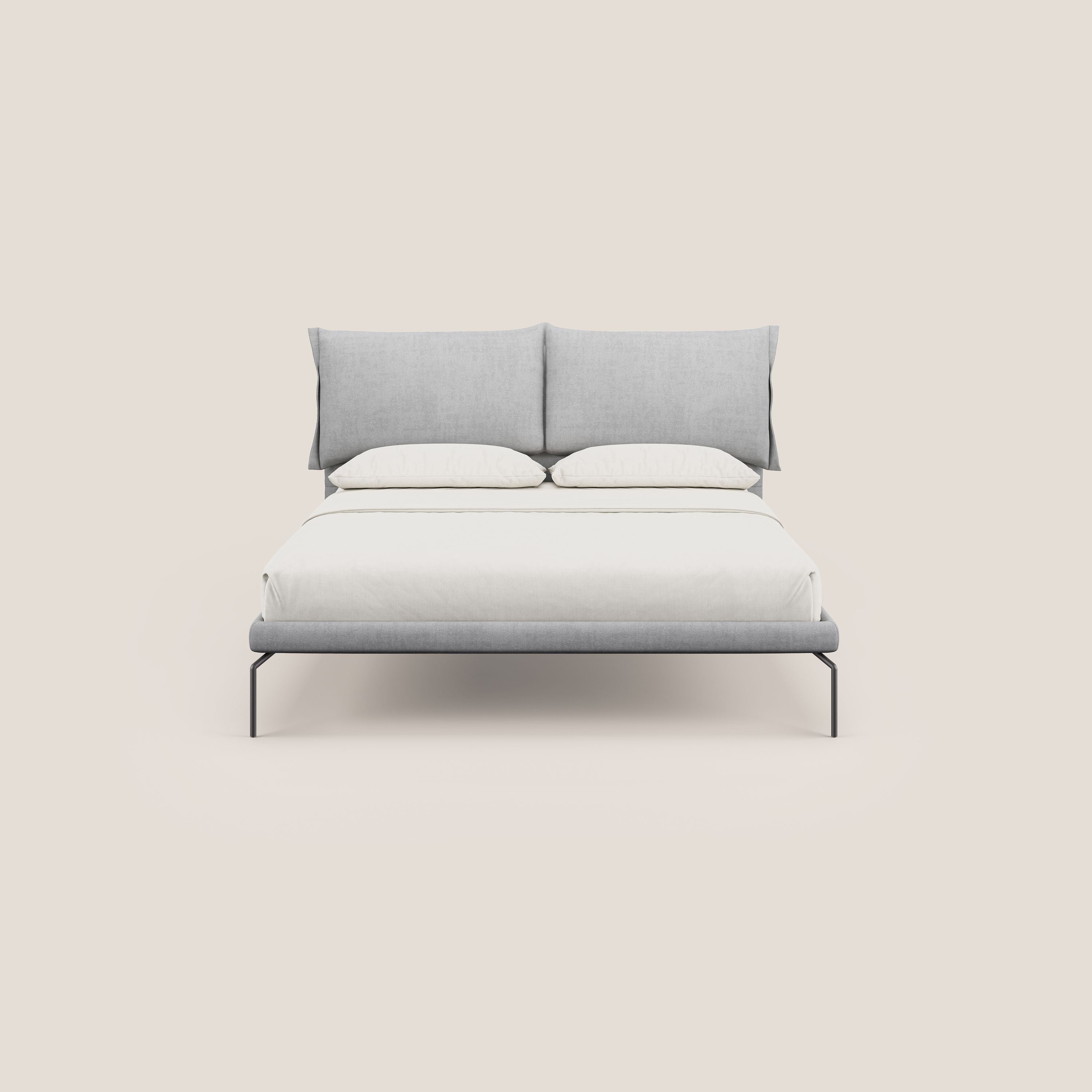 Bice letto imbottito con cuscini e piedi alti in metallo in tessuto impermeabile T02 grigio chiaro - divani.store