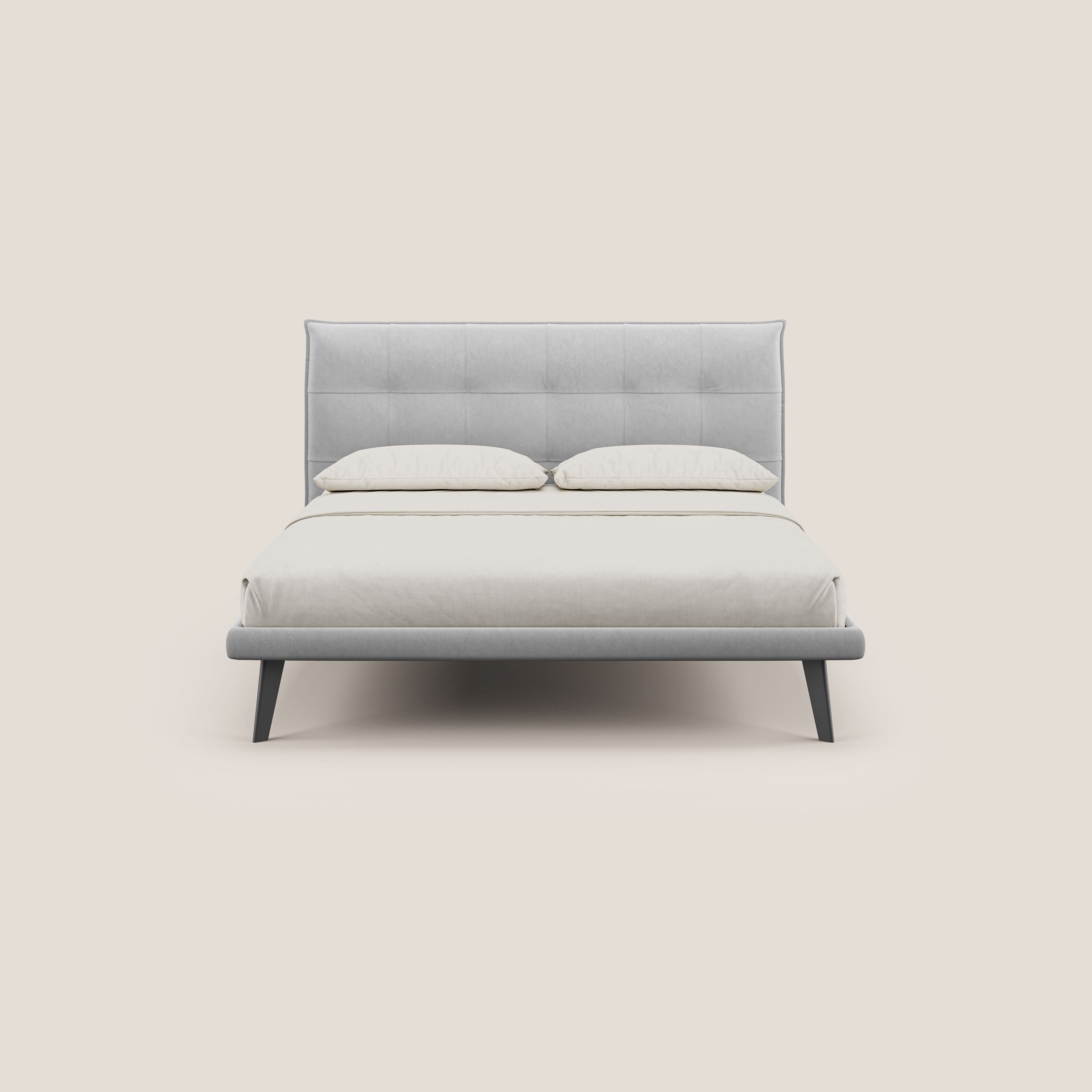 Brigitte letto con testata trapuntata piedi alti in mogano e tessuto impermeabile T09 grigio chiaro - divani.store