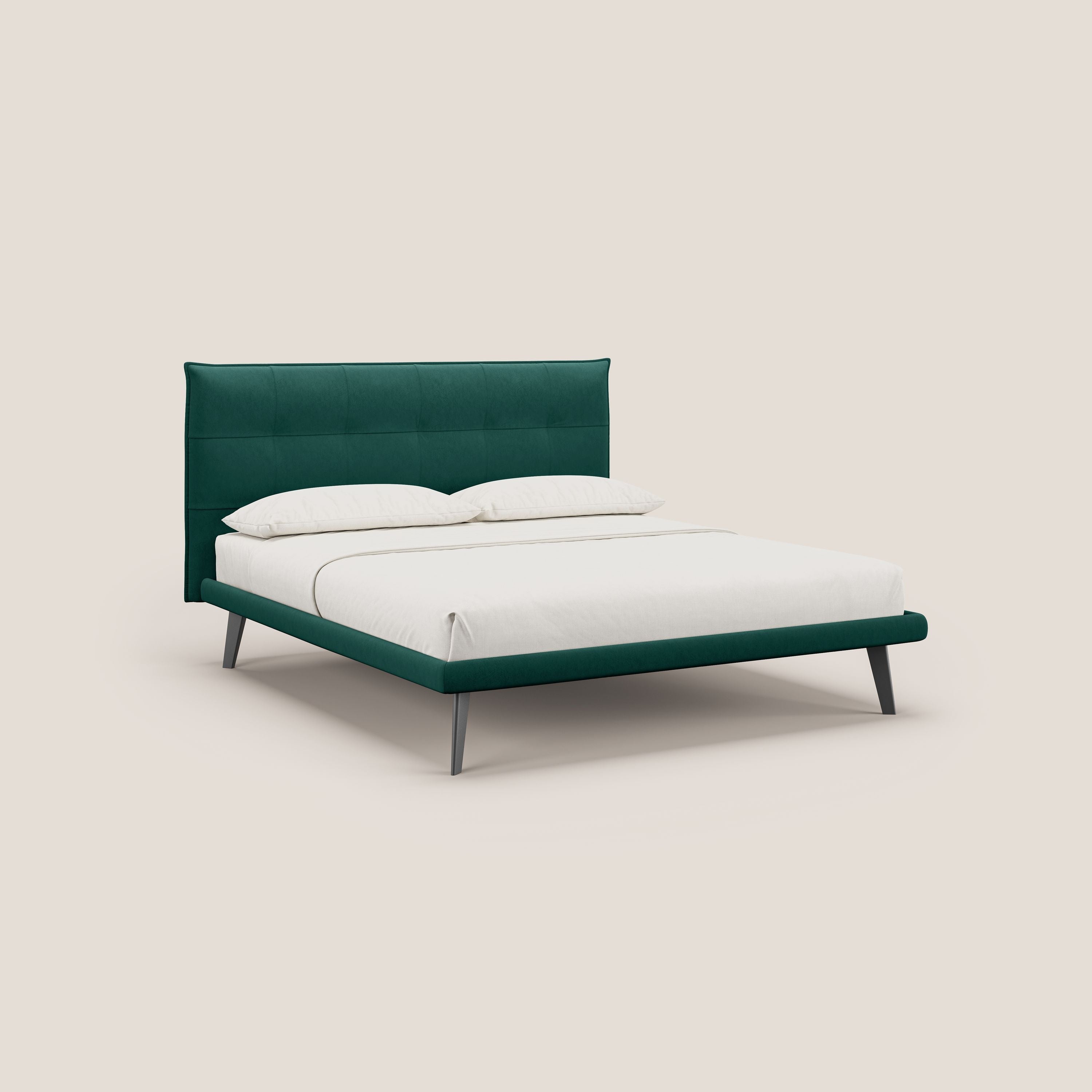Brigitte letto con testata trapuntata piedi alti in mogano e tessuto impermeabile T09 verde - divani.store